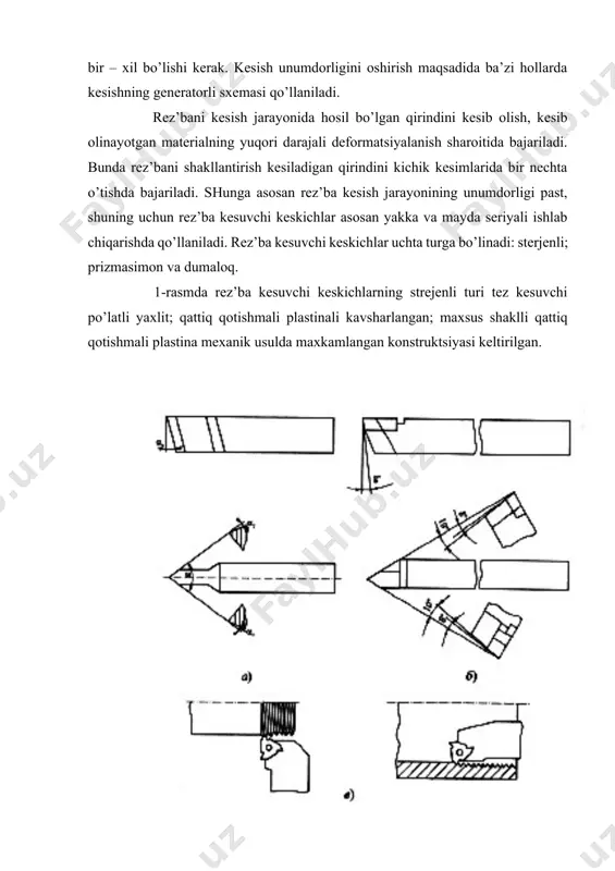 r (statika bo’yicha); r – rez’baning qadami; d – rez’baning diametri. o’ng kesuvchi qirrada oldingi burchak manfiy bo’lganligi uchun kesish sharoiti og’irlashadi va kesuvchi pona kuchsizlanadi. chap qirrada orqa burchak kichiklashib asbobning turg’unligini pasayishiga olib keladi. o’tkir burchakli rez’balarni keskichlar bilan ko’p o’tishli kesishda rez’baning profilini hosil qilish quyidagi uchta sxema bo’yicha bajarilishi mumkin (3-rasm): a) profilli – keskichni radial surish bilan; b) generatorli – keskichni zagotovka o’qiga nisbatan burchak ostida surish bilan; v) kombinatsiyalashgan – dastlabki ishlov berishda burchak ostida surish va toza ishlov berishda radial surish bilan. 2-rasm. katta ko’tarish burchagi ga ega bo’lgan rez’balarni kesishda strejenli kesikchlarni o’rnatish sxemalari: a – oldingi qirra zagotovkasining o’q bo’ylama yuzasida joylashgan; b – oldingi burchak rez’ba cho’lg’amlariga perpendikulyar joylashgan generatorli sxemaning afzalligi kesiluvchi qatlam qalinligini bir o’tishda 2 martagacha oshirish imkoniyatidir, bu bilan o’tishlar soni kamayadi. ushbu xolatda o’ng qirra yordamchi qirra ko’rinishida ishlaydi va ishlov berilgan yuzalarda pog’onalar qoldiradi. …
