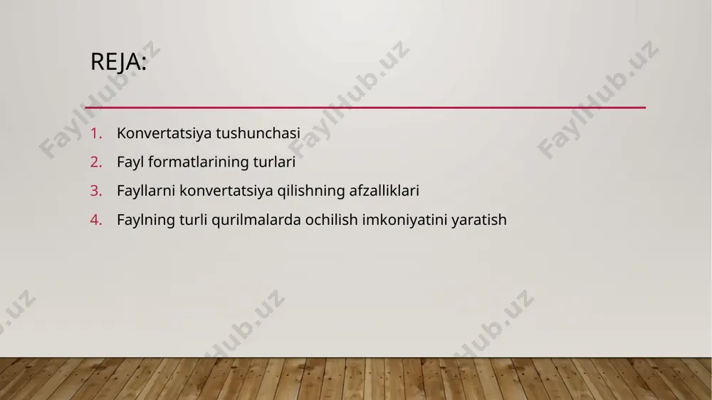 itmap — rasm fayli formati, siqilmagan va sifatni yo'qotmasdan saqlash imkonini beradi, ammo hajmi katta bo'lishi mumkin. .svg: scalable vector graphics — vektor grafikasi, tasvirni sifatni yo'qotmasdan o'lchamlarni o'zgartirish imkonini beradi. .tiff: tagged image file format — yuqori sifatli rasmlar uchun ishlatiladi, siqilmagan yoki siqilgan bo'lishi mumkin. fayllarni konvertatsiya qilishning afzalliklari fayllarni bir formatdan boshqasiga o'tkazish (konvertatsiya qilish) ma'lum bir vazifani bajarishda yoki fayllar bilan samarali ishlashda bir qator afzalliklarni taqdim etadi. quyida fayllarni konvertatsiya qilishning asosiy afzalliklari keltirilgan: 1. fayl hajmini kamaytirish siqish va optimallashtirish: faylni boshqa formatga konvertatsiya qilish orqali uning hajmini kamaytirish mumkin. masalan, rasm yoki video faylini siqish orqali uning hajmi kichrayadi, bu esa saqlash joyidan tejamkor foydalanishga yordam beradi. bu, ayniqsa, internet orqali fayllarni yuborishda yoki saqlashda muhimdir. ma'lumotlar uzatishda tezlikni oshirish: kichik hajmli fayllar internet orqali tezroq yuboriladi, bu esa tarmoqqa yukni kamaytiradi va vaqtni tejaydi. fayllarni ochish imkoniyati fayllarni turli qurilmalarda ochish imkoniyatini …