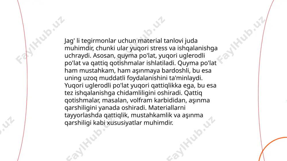 li tegirmonlar servisi va ta'miri jarayonida, texnik maqbullik va samaradorlikni ta'minlash muhimdir. ushbu xizmat ko'rsatish va ta'mirlash ishlari, odatda, har 6 oydan bir yilgacha amalga oshiriladi. texnik xizmat ko'rsatishda podshipniklar, reduktorlar va elektr motorlari tekshiriladi va kerak bo'lsa, almashtiriladi. o'rtacha bir jag' li tegirmonning xizmat muddati 10-15 yildan iborat bo'lib, optimal ishlash uchun muntazam profilaktika talab etiladi. ta'mirlash vaqtida zavodning ishlash samaradorligini oshirish uchun eskirgan qismlar yangilanadi va bu jarayon 2-4 kun davom etishi mumkin. qurilmalar ishlab chiqaruvchilar safidan texnik ko'mak olish tavsiya etiladi. imanov jamoliddin jag' li tegirmonlar eshquvatov ulugbek e'tiboringiz uchun raxmat! image1.png image2.png image3.png image4.png image5.png image6.jfif image7.jfif image8.jfif /docprops/thumbnail.jpeg