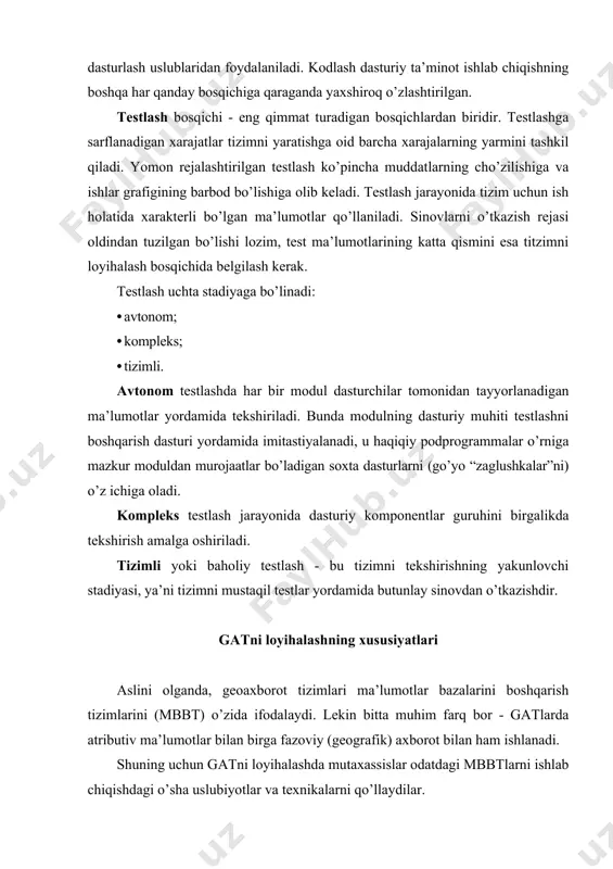 ladigan dasturiy-apparat bazasidan qat’iy nazar, har qanday holda yaratiladi. infologik model mbning ma’lumot elementlari o’rtasidagi matiqiy bog lanishlarni saqlash mazmuni va muhitidan qat’iy nazar aks ettiruvchi datalogik modelini qurish uchun asos tariqasida qo’llaniladi. ushbu bosqichda dt tomonidan strukturaga va funksional xususiyatlarga qo’yiladigan turli cheklovlarni inobatga olish zarur. keyingi bosqichda ma’lumotlar bazasining fizik modeli yaratiladi, u datalogik modelni saqlashning muayyan muhiti bilan bog laydi. bu juda muhim bosqich, zero unda foydalanuvchi interfeysi elementlarini ishlab chiqish olib boriladi, ma’lumotlarning butligi va tizimning ishonchliligi masalalari hal etiladi, kirish huquqlari taqsimlanadi hamda yashirin kirishdan himoyalanish vositalari va uslublari tanlab olinadi. geografik axborot ttizimlari loyihalanayotganda, yuqorida zikr etilganlardan tashqari, quyidagi amallarni bajarish zarur: · boshlang ich kartografik materialga tegishli talablarni (kerakli masshtab, proyektsiya, koordinalar tizimi) ishlab chiqish; · ular bilan ishlanadigan geografik ma’lumotlarning o’lchamliligini aniqlash (ikki o’lchamli 2d va/yoki uch o’lchamli 3d), shuningdek fazoviy ma’lumotlarni ifodalash modelini (vektorli va/yoki rastrli) belgilash; · gat fazoviy axborotining …