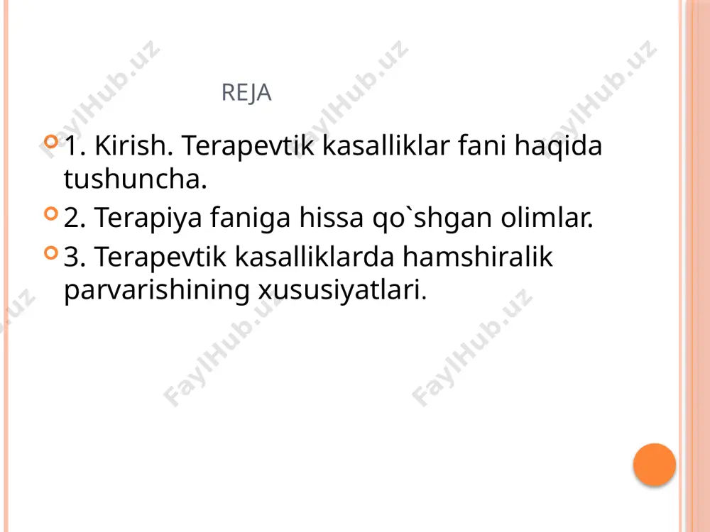 itet organizmning ma`lum bir infeksion omilni o`ziga yuqtirmasligi, unga nisbatan qarshilik ko`rsata olish. u tabiiy-tug`ma yoki orttirilgan va sun`iy bo`lishi mumkin. retsidiv ya`ni qo`zish, kasallik simptomlari bir qadar uzoq vaqt bosilib turgandan keyin yana paydo bo`lishiga aytiladi. simptom biror-bir kasallikning paydo bo`lishidagi ma`lum bir belgi yoki alomatlarining namoyon bo`lishidir. sindrom organizmning ma`lum patologik holatini xarakterlab beradigan va umumiy patogenez bilan birlashgan simptomlar majmuasi. tashxis(diagnoz) klinik tekshirish usullari orqali tekshirilayotgan kishi salomatligining ahvoli, kasalligi to`g`risidagi meditsina xulosasidir. ichki kasallikar kechishiga qarab o`tkir yarim o`tkir surunkali ichki kasalliklarni davolash usullari diyetoterapiya dori-darmonlar bilan davolash fizioterapiya kasallikning avj olish davrlari inkubatsion (latent) davr prodromal davr kasallik rosmana avj oladigan davr sog`ayish davri gippokrat yunonistonlik mutafakkir olim, eramizdan oldingi 460-371 yillarda yashagan va bemorlarni tekshirishda ilk bor ko`rish, eshitish va palpatsiya usullaridan foydalangan. gippokrat birinchilardan bo`lib kasallik yuzaga kelishida tabiat omillari, ovqatlanishdagi tartibsizliklar va hayot tarzi o`zgarishlari sabab bo`ladi, degan fikrni aytgan. «hech bo`lmaganda …