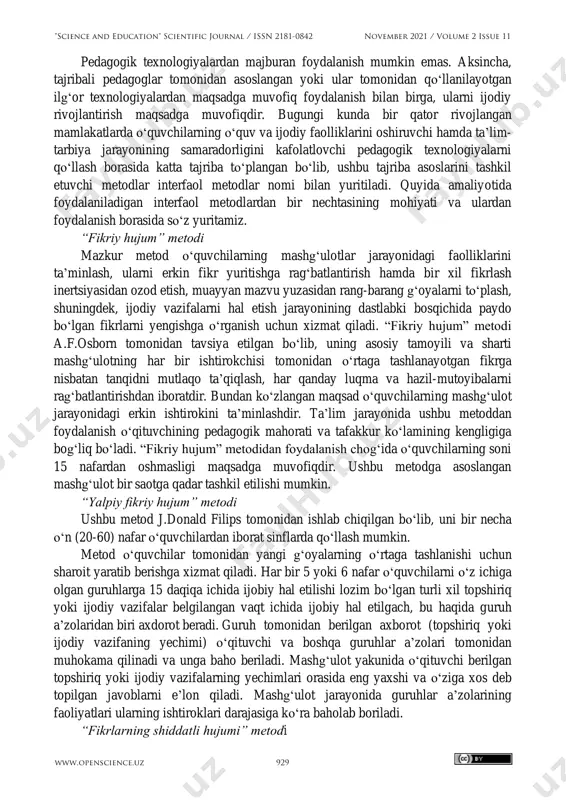 i. test tizimini ishlab chiqishda testlarning izchil, uzviy hamda bir-biri bilan uyg‘un bo‘lishlariga ahamiyat berish maqsadga muvofiqdir. 8. ta’lim jarayonini loyihalashning so‘nggi bosqichi yaratilgan loyihaning ta’lim jarayoniga tatbiq etilishi, ta’lim jarayonining yakuniy darajasini o‘rganish bilan nihoyalanadi. mazkur bosqichda ta’lim jarayonining umumiy ahvoli, erishilgan yutuq hamda yo‘l qo‘yilgan kamchiliklar, ularning yuzaga kelish sabablari tahlil etiladi, navbatdagi mashg‘ulotlar jarayonida sodir bo‘lgan kamchiliklarning oldini olishga qaratilgan chora-tadbirlar belgilanadi. bildirilgan fikrlardan anglanadeki, har bir bosqichda amalga oshirilayotgan vazifalar o‘rtasida muayyan izchillik mavjud bo‘lib, u ta’lim jarayonini samarali tashkil etish imkonini beradi. interfaol metodlar va ularning tavsifi zamonaviy ta’limni tashkil etishga qo‘yiladigan muhim talablardan biri ortiqcha ruhiy va jismoniy kuch sarf etmay, qisqa vaqt ichida yuksak natijalarga erishishdir. qisqa vaqt orasida muayyan nazariy bilimlarni o‘quvchilarga yetkazib berish, ularda ma’lum faoliyat yuzasidan ko‘nikma va malakalarni hosil qilish, shuningdek, o‘quvchilar faoliyatini nazorat qilish, ular tomonidan egallangan bilim, ko‘nikma va malakalar darajasini baholash o‘qituvchidan yuksak pedagogik mahorat hamda …
