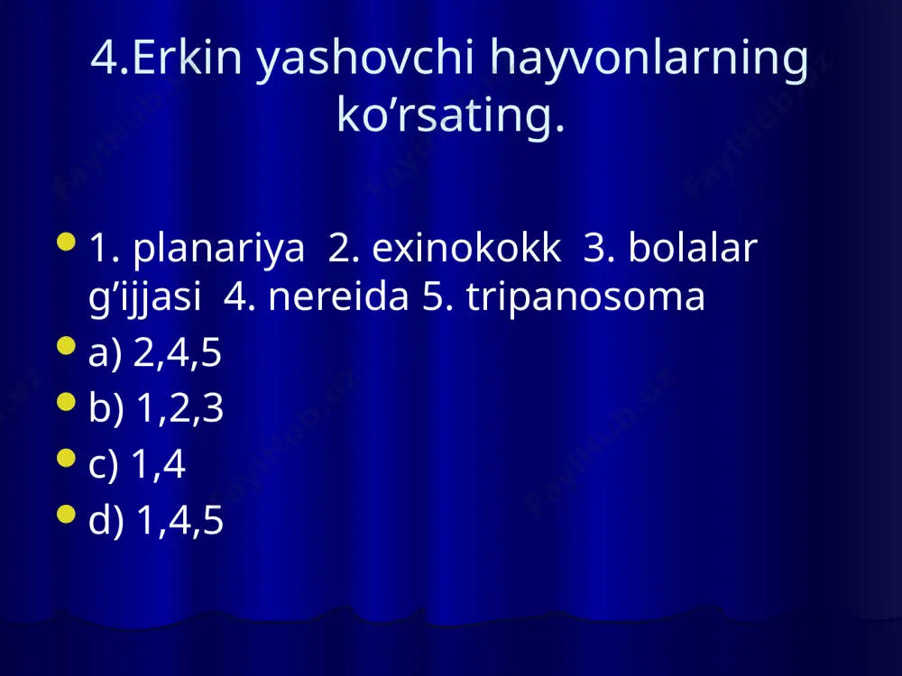 in qon tomiri halqali tomirlar bilan tutashgan b) orqa va qorin qon tomir c) ikki kamerali yurak d) teri va ichak devorida kapilyarlar soni ko’p 43.qaysi parazitning yopishuv organlari bo’lmaydi ? a) exinokokk b) jigar qurti c) askarida d) cho’chqa tasmasimon chuvalchangi 44.ichki organlar orasi biriktiruvchi (g’ovak) to’qma bilan to’lgan hayvonlar qatorini belgilang a) oq planariya, qoramol tasmasimon chuvalchangi b) yomg’ir chuvalchangi, nerida c) exinokokk, leshmaniya, oq planariya d) jigar qurti, exinokokk, askarida 45.parazit chuvalchanglarning hayotini ko’payishini tarqalishini qaysi fan o’rganadi ? a) ornitologiya b) gelmitologiya c) parazitologiya d) ixtiologiya 46. to’garak chuvalchanglar qaysi belgilari bilan yassi chuvalchanglardan farq qiladi ? a) tana simmetriyasi bilan b) yashash sharoiti bilan c) barchasi d) keltirib chiqaradigan kasalliklari bilan 47.ko’katlarni yaxshi yuvmasdan iste’mol qilinsa qaysi parazitni yuqtirib olish mumkun ? a) exinokokk b) askarida c) qoramol tasmasimon d) jigar qurti 48. jigar qurti tuxumidan chiqadigan kiprikli lichinkalar qayerda paydo bo’lishini belgilang . a) …