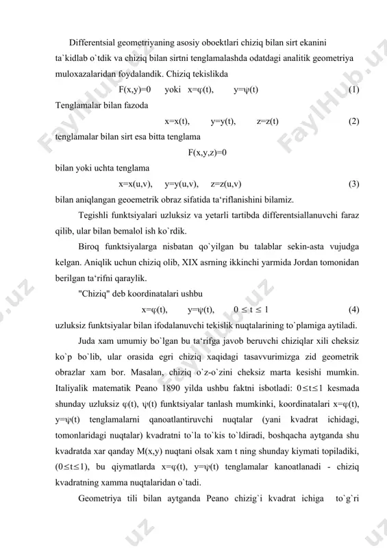 no chizig`ining bir qismini ko`rsatdik. matematikada to`plam deganda qandaydir elementlarning majmuasini tushunamiz. to`plam tushunchasi asosiy xisoblanib, unga ta‘rif berilmaydi. misollar keltiraylik: to`g`ri chiziqdagi nuqtalar to`plami; biror idishdagi molekulalar to`plami; kutubxonadagi kitoblar to`plami va boshqalar fazoda nuqtaviy m to`plam berilgan bo`lsin deylik. bu to`plamning xar bir x nuqtaga fazoning qandaydir u nuqtasi mos keltirilgan bo`lsa, biz m to`plam fazoga akslangan deb ataymiz va bunday akslatishni f xarfi bilan belgilaymiz va mana bunday yozamiz (f(m)). fazoning f(x) nuqtasi х nuqtaning obrazi deyiladi. м to`plamdagi barcha nuqtalar obrazlaridan tuzilgan to`plam shu to`plamning obrazi deyiladi, uni f(m) shaklida ishoralaymiz. o`zaro bir qiymatli moslik. agar m to`plamga qarashli turli nuqtalarning obrazlari xam turli bo`lsa, to`plamning bunday f akslanishi o`zaro bir qiymatli deyiladi, yani turli х1, х2 nuqtalarning obrazlari xam turli. f(х1) element f(х2) dan farq qiladi. bu taqdirda obrazlar to`plami f(m) ga qarashli xar bir nuqtaga x nuqtani mos keltiruvchi f1 akslanish xaqida gapirish mumkin. …