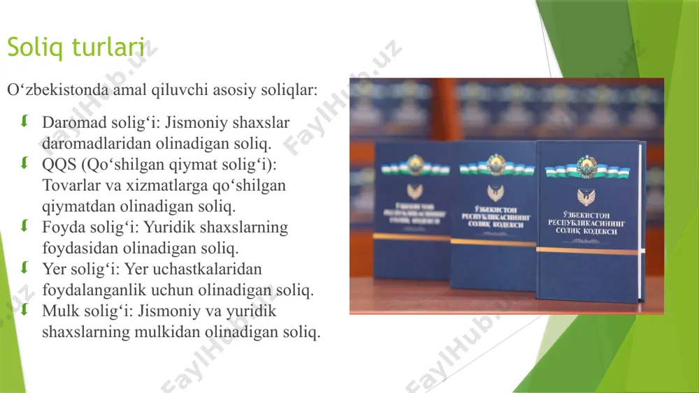 a’lumotlar va misollar keltirish mumkin). soliq siyosati orqali turli sohalarni rivojlantirish, infratuzilmani yaxshilash va innovatsion faoliyatni qo‘llab-quvvatlash mumkin. milliy statistika qo‘mitasi xabariga ko‘ra, yaimning 27,9 foizi sanoat, 9,5 foizi qishloq xo‘jaligi va 6,5 foizi qurilish sohalari hisobidan tashkil topgan. soliqlar ulushi atigi 4,1 foiz. xalqaro tajriba bilan taqqoslash qisqa solishtirish (qozog‘iston, rossiya yoki rivojlangan davlatlar): qozog‘iston soliq tizimi neft va gaz sektoriga yo‘naltirilganligi bilan ajralib turadi. rossiya soliq tizimi daromadlarni qayta taqsimlashga qaratilgan. rivojlangan davlatlar (masalan, germaniya) soliq tizimlari ijtimoiy adolatni ta’minlashga yo‘naltirilgan. o‘zbekiston soliq tizimi investitsion muhitni yaxshilashga qaratilgan islohotlarni amalga oshirmoqda. kelajakdagi istiqbollar kelajakdagi istiqbollar: soliq siyosatini yanada takomillashtirish, soliq yukini kamaytirish va soliq ma’murchiligini soddalashtirish. investitsion muhitni yaxshilash, xorijiy investitsiyalarni jalb qilish va tadbirkorlikni rag‘batlantirish. raqamlashtirish strategiyalarini davom ettirish, soliq hisobotlarini avtomatlashtirish va elektron soliq xizmatlarini kengaytirish. yashirin iqtisodiyotga qarshi kurashish, soliq to‘lash madaniyatini oshirish va soliq nazoratini kuchaytirish. xulosa oʻzbekiston soliq siyosati davlat byudjetini shakllantirish, iqtisodiy …
