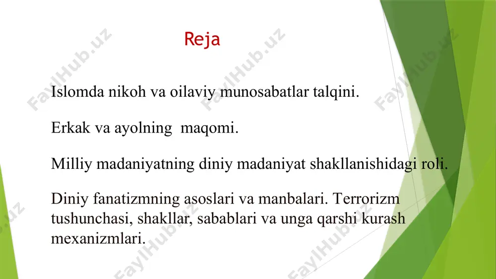02 mavzu shiori ilm- mol-dunyodan ko‘ra yaxshiroqdir. chunki, ilming seni asraydi, mol-dunyoni esa sen asrashing kerak bo‘ladi. mol-dunyo sarf qilinsa kamayadi, ilm esa o‘zgalarga o‘rgatish bilan yanada ziyoda bo‘laveradi. ali ibn abu tolib topshiriq «nikoh» tushunchasi nima «nikoh» tushunchasi shariatda shunday shartnoma-bitim sifatida ta`riflanadiki, unga muvofiq nikohga kirgan xotin erkak uchun begona, «taqiqlangan» bo`lmaydi. nikoh tuzish uchun ayol yoki erkakning xohishi kifoya qilmaydi. doimiy nikoh uchun ham, vaqtinchalik nikoh uchun ham nikoh duosini o`qish va nikoh bitimini tuzish talab etiladi islom huquqiga ko`ra nikohning haqiqiyligi quyidagi to`rt shartning uyg`unligi, chunonchi: 1) bevosita monelik qiluvchi holatlarning yo`qligi; 2) muayyan shaxslarning roziligi; 3) mahrning belgilanishi; 4) rasmiy qoidalarga rioya etilishi bilan belgilanadi. nikoh yoshi dinda qonunda ayollar erkaklar erkaklar ayollar 15 yoshdan boshlanadi 18 yoshdan boshlanadi 18 yosh (oldin-17 yosh) 18 yosh oila kodeksining 15-moddasi birinchi qismi bilan nikoh yoshi erkaklar va ayollar uchun 18 yosh etib belgilanmoqda. amalda esa 17 yosh …