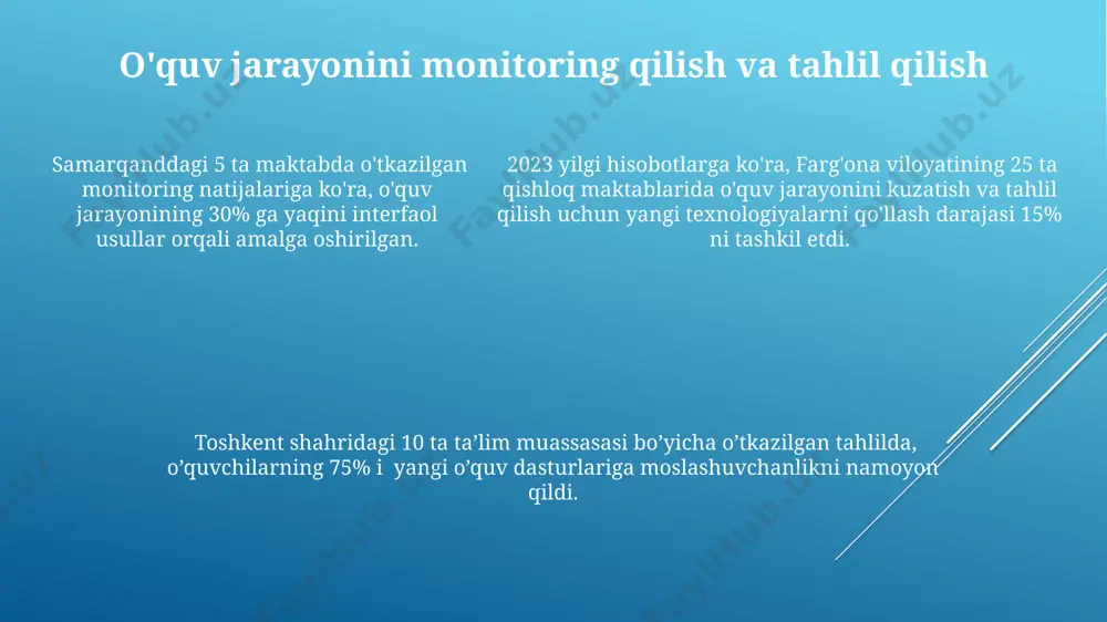 va baholash mezonlari aniq ko'rsatilgan bo'lishi kerak. har bir o'quv faoliyatining natijalarini baholash uchun kamida 3 ta turli xil usul (masalan, testlar, amaliy ishlar, loyihalar) qo'llanilishi va samarqand viloyati ta'lim standartlariga mos kelishi zarur. talablarni aniqlashning umumiy tamoyillari talablarni aniqlashda 5 ta asosiy mezon, jumladan, o'quvchilarning yoshi (masalan, 7-10 yosh), geografik joylashuvi (toshkent shahri maktablari) va o'quv dasturiga mosligi hisobga olinadi. o'quv jarayonida 25% amaliy mashg'ulotlar, 75% nazariy bilimlarga asoslangan bo'lib, talablar 10 ball shkalasi bo'yicha baholanadi, natijalar esa buxoro shahrida joylashgan markaziy bazada saqlanadi. o'quv jarayonida 25% amaliy mashg'ulotlar, 75% nazariy bilimlarga asoslangan bo'lib, talablar 10 ball shkalasi bo'yicha baholanadi, natijalar esa buxoro shahrida joylashgan markaziy bazada saqlanadi. o'qituvchilarning tayyorgarligi va malakasini oshirish samarqand viloyatida 30 dan ortiq o'qituvchi "o'qitishning yangi usullari" mavzusidagi 2 oylik malaka oshirish kursini muvaffaqiyatli tamomlagan va sertifikat olgan. qarshi shahridagi 15 ta maktabning 75 nafar o'qituvchisi o'quvchilarning individual ehtiyojlarini hisobga olgan holda dars rejalashtirish …