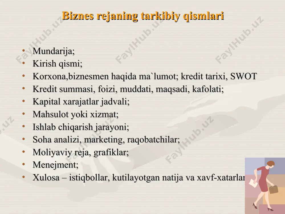 an ta`minlanganligi: elektr tarmog`i bilan ta`minlangan suv va oqava suv tarmog`i bilan ta`minlangan gaz ta`minoti bilan ta`minlangan maxsulot tannarxini chiqarish o'lchov birligi miqdori narxi 1 dona maxsulotga xarajat xom ashyo; mato metr 2.5 8 000 20 000 ish haqi dona 1 juft 12 000 12 000 kommunal to`lovlar kv 0.40 144 58 qadoqlash dona 1 2500 2500 jami bir dona maxsulot tannarxi 34558 oy davomida 26 kun ish kuni 1 oyda ishlab chiqariladigan maxsulot qiymati n mahsulot turi summasi miqdori 1-kunlik 1-oylik i/ch maxsulot bir oylik 1 kofta-yubka 45000 10 260 11 700 000 jami 11 700 000 iqtisodiy ko’rsatkichlar № ko’rsatkichlar nomi xarajatlar 1 oyda tushgan tushum 1 yilda tushgan tushum 1 sotishdan tushgan tushum 11,700,000 140,400,000 2 xom ashyo 8,985,080 3 reklama 50 000 4 amartizatsiya 60 000 5 kredit qaytarmasi 533,333 6 soliq 5 % 585,000 sof foyda: 10,213,413 1,486,598 17,839,176 samaradorlik ko`rsatkichlari: yalpi foyda koeffisenti: yalpi …