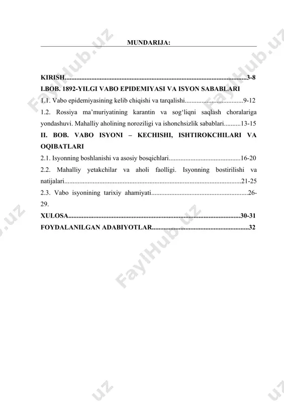 ur ildizlarga ega bo‘lgan norozilik harakati sifatida tarixiy jihatdan muhim ahamiyat kasb etadi. bugungi kunda pandemiyalarga nisbatan davlat siyosati, jamoatchilik munosabati va sog‘liqni saqlash tizimidagi muammolarni tahlil qilishda bu voqeaning tarixiy saboqlari dolzarb bo‘lib qolmoqda. shuningdek, bu mavzu postmustamlaka tarixshunosligining muhim yo‘nalishlaridan biri sifatida qayta baholanishi zarur bo‘lgan mavzulardan biridir. kurs ishi mavzusining o‘rganilganlik darajasi. toshkentdagi 1892-yilgi vabo isyoni haqida ma’lumotlar tarixiy manbalarda ancha cheklangan bo‘lsa-da, ayrim tarixchilar va olimlar bu voqeani o‘z tadqiqotlarida yoritganlar. jumladan, sovet tarixchilari tomonidan bu isyon mustamlakachilik nuqtayi nazaridan, ya’ni rossiya imperiyasining “insonparvar karantin siyosatiga” qarshi “irritatsion” reaksiya sifatida talqin qilingan. masalan, n.v. ostroumov[footnoteref:1], v.p. nalivkin[footnoteref:2] va boshqa ma’muriy mansabdorlar o‘z xotiralarida ushbu voqeani o‘zlari uchun maqbul shaklda tasvirlaganlar. mustaqillikdan so‘ng, o‘zbekiston tarixshunosligida bu masalaga yanada tanqidiy va xolis yondashish kuzatildi. zamonaviya tarixchilardan a. muhammadjonov, z. qayumov, a. xaydarov, sh. raxmonov[footnoteref:3] kabi tadqiqotchilar xix asr oxirlaridagi turkiston ijtimoiy-siyosiy hayotida mahalliy xalq norozilik harakatlarini, jumladan, vabo …