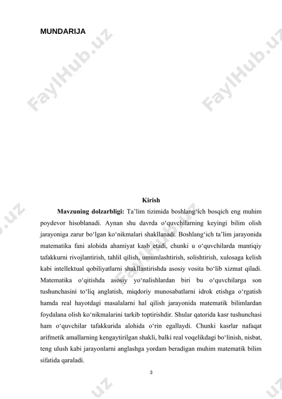 yetarli shakllanmaganligi bilan izohlanadi. shu sababli o‘quvchilar kasrlarni to‘g‘ri idrok etishi va ular ustida amallar bajarishni o‘zlashtirishi uchun o‘qituvchi turli metodlardan, ko‘rgazmali vositalardan, amaliy mashqlardan keng foydalanishi zarur bo‘ladi. ayniqsa, kasrlarni taqqoslash mavzusi o‘quvchilardan nafaqat sonlarni solishtirish, balki miqdoriy munosabatlarni chuqur anglashni talab etadi. kasrlarni taqqoslash jarayoni o‘quvchilarda tahlil qilish, umumlashtirish, qiyoslash va xulosa chiqarish qobiliyatini shakllantiradi. bu esa ularning nafaqat matematika faniga, balki boshqa fanlarni o‘zlashtirish jarayoniga ham ijobiy ta’sir ko‘rsatadi. shu bilan birga, kasrlarni taqqoslash ko‘nikmasi kundalik hayotda ham keng qo‘llaniladigan bilimlardan biridir. masalan, turli miqdorlarni solishtirish, xarid jarayonida narxlarni qiyoslash, vaqt va masofalarni baholashda kasr tushunchasidan foydalaniladi. boshlang‘ich ta’lim jarayonida kasrlarni taqqoslashni o‘rgatish masalasi nafaqat metodik, balki psixologik nuqtayi nazardan ham muhim ahamiyatga ega. chunki bu jarayon o‘quvchilarda abstrakt tafakkurni rivojlantirish, tasavvur qilish doirasini kengaytirish, aniq va mantiqiy fikrlash qobiliyatini mustahkamlashga xizmat qiladi. shuningdek, bu mavzuni o‘rgatish orqali o‘quvchilarda sabr-toqat, izchillik, diqqatni jamlash kabi shaxsiy sifatlar ham …