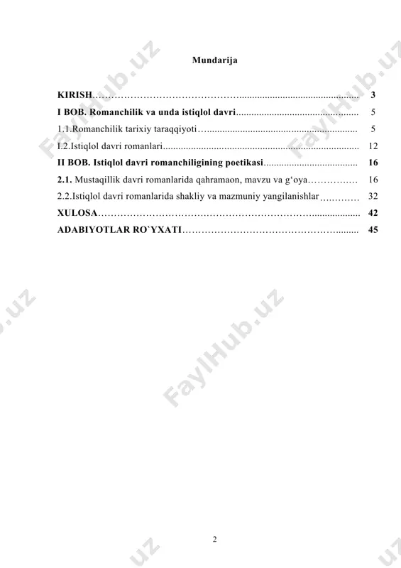 . o‘zbek adabiyotida keng tarqalgan roman janri istiqlol davrida yanda ravnaq topdi.bu davrga kelib ko‘plab ijodkorlar roman janirida ijod qildi.jumladan, ulug‘bek hamdam, zulfiya qurolboy qizi, i. sulton. u. normatov. n. norqobilov kabi yozuvchilar istiqlol davri yozuvchilarhisoblanadi.mavzu va g‘oya jihattdan istiqlol davri romanlari oldingi romanlardan ajralib turadi. bu romanlarda asosan reallik kuchaydi.umuman olganda romanchilikda yangi davr shakillandi.uni o‘rganish, shakllanish jarayoni, o’ziga xos xususiyatlari, tadqiqot omillari va yetakchi tamoyillari singari masalalar bugungi adabiyotshunosligimiz oldida turgan dolzarb vazifalardan biridir. ishning o’rganilish darajasi. o’zbek adabiyotshunosligida ilmiy tadqiqotchislar tomonidan nasriy janrlarning adabiyotda tutgan o’rni va ahamiyati, shakllanish tarixi, shuningdek, badiiy mahorat masalasiga munosabat bildirishgan romanchilikning o‘ziga xosligi uning jahondagi o‘rni muhim ahamiyatga ega bo‘lgan.istiqlol davri romanlarining rivojlaishida u.normatov.n.karimov.n.norqobilov.u.hamdam kabi ijodkorlarning o‘rni beqiyos. ishning ilmiy yangiligi. tadqiqotchilar nasriy janrlarning, jumladan,roman janrining xx asr adabiy hayotida tutgan o’rni va ahamiyati, shakllanish jarayoni, shuningdek, badiiy mahorat masalasiga munosabat bildirishgan, romanchilikning rivojlanishi undagimavzu va g‘oya kolamiga e'tibor kuchaygan. ushbu …