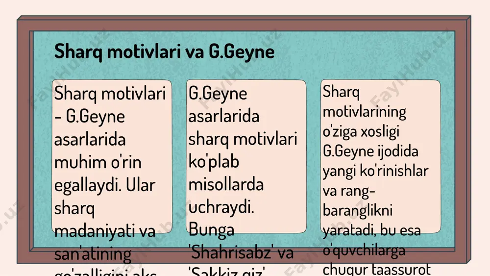 asalan, g.geyne asarlarida sharqiy motivlar, ko'plab she'riy va badiiy tasvirlar orqali ifodalangan. bu motivlar uning asarlarida inson ruhiyatini va ichki dunyosini ochib beradi. g.geyne va sharq motivlarining ahamiyati g.geyne asarlarida sharq motivlari o'ziga xos ahamiyatga ega. ular g.geyne yaratgan obrazlar va g'oyalarni boyitishda muhim rol o'ynaydi, bu esa sharq madaniyatining chuqur ta'sirini ko'rsatadi. sharq motivlarining zamonaviy madaniyatga ta'siri katta. ular san'at, adabiyot va musiqada o'z izini qoldirib, hoyatimizda keng tarqalgan mavzular va uslublar orqali ifodalanadi. sharq madaniyatining g.geyne ijodida aks etishi g.geyne asarlarida sharq madaniyatining ta'siri sezilarli darajada namoyon bo'ladi. u o'z asarlarida sharq falsafasini, an'analarini va estetik qiyofasini o'ziga xos tarzda ifodalagan. masalan, 'faust' asarida sharqiy mifologiya va g'oyalar bilan bog'liq elementlar mavjud. ushbu asarda geyne sharqiy madaniyatdan olingan ilhom bilan inson ruhiyatining murakkabligini ochib beradi. sharq madaniyati g.geyne ijodida yangiliklar kiritadi. u o'z asarlarida sharqiy she'riyatning ritm va qiyofalaridan foydalanib, o'z uslubini boyitgan. 'gitanjali' kabi asarlarda sharqiy ruhiyat …