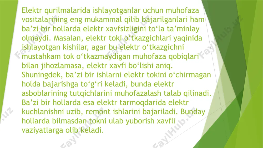 muhofaza vositalari ishchilarni nur, issiqlik va mexanik jarohatlardan saqlash vazifasini bajaradi. saqlash qurilmalarining asosiy vazifasi ish joylarida nazorat qilinishi talab etiladigan ko‘rsatkichlar (kuch miqdori, bosim, harorat, siljish va boshqalar) ruxsat etilgan miqdoridan oshgan taqdirda, mashina yoki mexanizmni ishdan avtomatik ravishda to‘xtatishdan iborat. elektrdan izolyatsiyalanish avvalambor o’zimizning hayotimiz xavfsizligi uchun muhim rol o’ynaydi. bu sohada faoliyat yurituvchi har bir inson bularni bilishi zarur. chunki bu ishdagi baxtsiz hodisa avvalo ozimizga ziyon keltiradi. maishiy va ishlab chiqarish sharoiti asosida insonning psixik holati barqaror bo‘lishi uchun chora-tadbirlar ko‘rish, takomillashgan nazorat usulini uyushtirish asosiy vazifalardan biri bo‘lib hisoblanadi. xulosa foydalanilgan adabiyotlar: kenjayev navro’z hayot faoliyati xavfsizligi fanidan oraliq nazorat savollari fayllar.org пуэ птэ тб wikipediya image1.jpg image2.jpg image3.jpg image4.jpg image5.jpg image6.jpg image7.jpg image8.jpg image9.jpg image10.jpg /docprops/thumbnail.jpeg