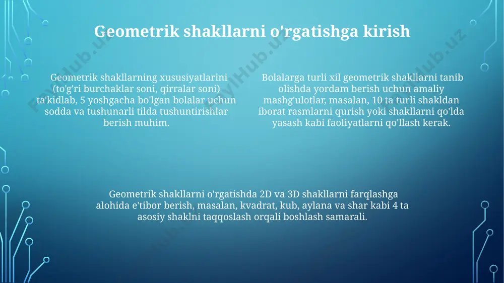 opgan shakllarini nomlab, ularning xususiyatlarini aytib berishlari kerak. geometrik shakllarni 3 o'lchovli modellardan (kub, to'p, prizma) foydalanib, 5 ta guruhga bo'lingan bolalarga taqsimlash orqali amaliy mashqlarni o'tkazish mumkin. har bir guruh o'z shakllarini nomlaydi va ularning xususiyatlarini ta'riflaydi. shakl nomlarini o'rgatish usullari geometrik shakllarni o'rgatishda 2d va 3d shakllarni alohida taqdim etish, masalan, 2d uchun kvadrat, to'rtburchak va 3d uchun kub, paralelepiped kabi misollar keltirish samarali. shakllarni o'rgatishda har bir geometrik shaklning xususiyatlarini (tomonlari soni, burchaklari) ta’kidlab, kamida 3 ta misol keltirib, tushuntirish foydali. bolalarga shakllarni tanib olish uchun 5 ta turli xil amaliy mashqlarni taklif qiling: rasm chizish, modellashtirish, konstruktorlardan foydalanish, tabiatdagi ob’ektlarni topish va o’yinlar orqali o’rgatish. shakl xususiyatlarini aniqlash kub, prizma, shar kabi 3d shakllarni yuzalar soni, qirralari soni va uchlari soni (masalan, kub – 6 yuzasi, 12 qirrasi, 8 uchiga ega) kabi parametrlar asosida aniqlash mumkin. aylana, kvadrat, uchburchak kabi 2d geometrik shakllarni o'lchamlarini o'lchash va …