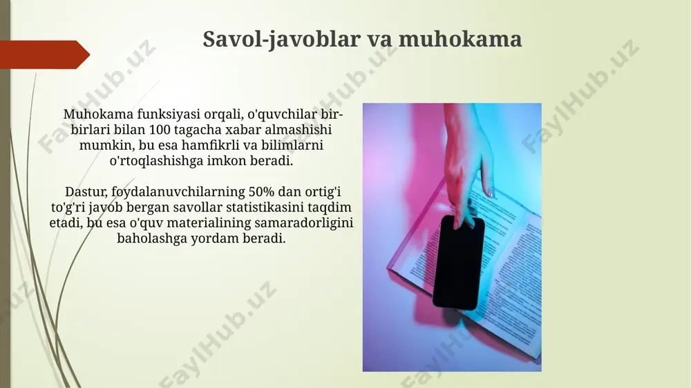 tishga imkon beradi, bu esa 30% vaqt tejashga olib keladi. kelajakdagi rivojlantirish rejalari kelajakdagi rejalarga 3d modellashtirish va interaktiv elementlarni qo‘shish, elektron darsliklarni yaratish jarayonini 50% tezlashtirishni o‘z ichiga oladi. keyingi versiyada 10 dan ortiq yangi til qo'llab-quvvatlanadi va matnni ovozga aylantirish funksiyasi takomillashtiriladi, foydalanuvchi tajribasini yaxshilaydi. multimedia tarkibini integratsiyasi avtomatik elektron darslik yaratuvchi dasturda 3d modellardan, 2d animatsiyalardan va interaktiv o'yinlardan foydalanish orqali multimedia tarkibini boyitish imkoniyati mavjud. elektron darslikka turli xil formatdagi (mp4, avi, jpeg va boshqalar) 500 mb gacha multimedia fayllarini yuklash va ularni kerakli joyga joylashtirish mumkin. e'tiboringiz uchun rahmat @taqdimot_robot image1.jpg image2.jpg image3.jpg image4.jpg image5.jpg image6.jpg image7.jpg image8.jpg image9.jpg image10.jpg image11.jpg image12.jpg image13.jpg image14.jpg image15.jpg image16.jpg image17.jpg