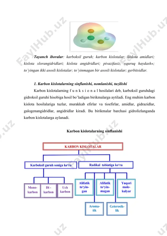 alar: c17h33cooh olein kislota (bitta qo’sh bog’) c17h31cooh linol kislota (ikkita qo’sh bog’) c17h29cooh linolen kislota (uchta qo’sh bog’) c23h45cooh nervon kislota (bitta qo’sh bog’) ; b i r a s o s l i va i k k i a s o s l i a r o m a t i k kislotalar: c6h5cooh benzoy kislota hooc– c6h4–cooh ftal kislota; g e t e r o ts i k l i k kislota: c5h4ncooh nikotin kislota. karbon kislota molekulasida karboksil guruhning uglerod atomi sp2- gibridlangan holatda bo’lib, qo’shni atomlar bilan uchta σ-bog’ bilan bog’langan. karbonil guruhidagi kislorod atomi bilan uglerod π-bog’ bilan bog’langan. gidroksil guruhning kislorod atomi bo’linmagan juft p- elektronlarga ega. karbonil guruh kislorod atomining elektromanfiyligi yuqori bo’lganligi sababli elektron bulutni o’ziga tortib qisman manfiy zaryadga ega bo’ladi. uglerod esa o’zidan elektronlar bulutini kislorod tomon uzatib, qisman musbat zaryadlanadi. π-bog’da kuchli qutblanish kuzatiladi. gidroksil guruhdagi kislorod atomining …