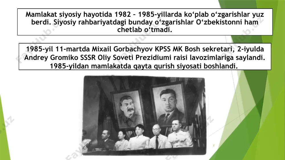 siz o‘tirdi, 5000 nafar kishi esa soxta ayblar bilan jinoiy javobgarlikka tortildi. 03.04.2024 7 xullas, sovet rejimining paxta ishi oqibatida o‘zbekistonda minglab kishilar nohaq ravishda jazolandi. xalq xo‘jaligi sohalarida qo‘shib yozish, poraxo‘rlik va korrupsiyaga aloqador jinoyatlar sssrning deyarli barcha hududlarida yuz bergan bo‘lsa ham “tajriba maydoni” sifatida o‘zbekiston tanlandi. 03.04.2024 8 qayta qurish va uning bosqichlari. 03.04.2024 9 kpss mk aprel (1985-y.) plenumi sovet jamiyati hayotining barcha sohalarini chuqur isloh qilish yo‘lini e’lon qildi. mazkur bosqichda ilmiy-texnika taraqqiyoti yutuqlarini ishlab chiqarishga jalb etish asosida jamiyatda tub iqtisodiy taraqqiyotni jadallashtirish va uning asnosida inson omilini faollashtirish mo‘ljallangan edi. 03.04.2024 10 qayta qurishning ikkinchi bosqichi (1987 – 1989-yillar) jamiyatning barcha jabhalarini kompleks tarzda isloh qilishni kun tartibiga qo‘ydi. 03.04.2024 11 1987-yil yanvar va 1988-yil iyunda bu vazifalar yanada konkretlashtirildi va uning asosiy maqsadi sovet jamiyatini to‘liq demokratlashtirishdan iborat ekanligi ta’kidlandi. qayta qurish pirovardida siyosiy jihatdan safsatabozlikka aylanib, tub demokratik o‘zgarishlarni amalga oshirish …