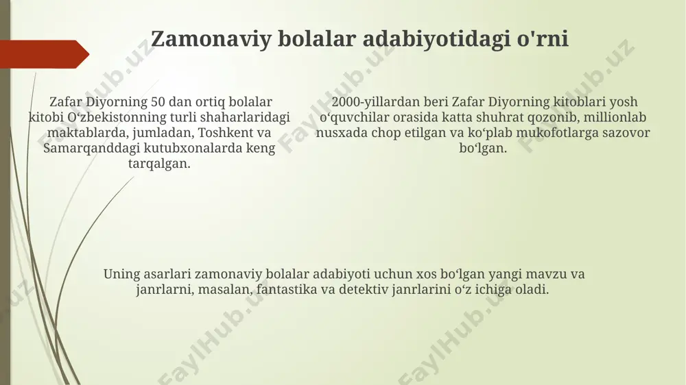 qayta ishlangan. zafar diyorning hikoyalari, 5-10 yoshgacha bo'lgan bolalar uchun mo'ljallangan bo'lib, sodda va tushunarli til, obrazli ifodalar hamda samarqand, buxoro kabi o'zbek shaharlarining rang-barang manzaralari bilan boyitilgan. e'tiboringiz uchun rahmat @taqdimot_robot