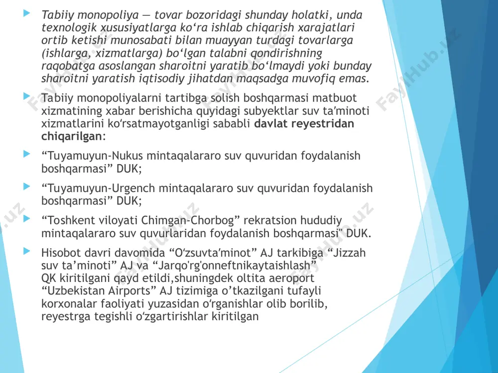 natijasida, birinchidan, mulk o’z egalari qo’liga topshirilsa, ikkinchidan, ko’p ukladli iqtisodiyot va raqobatchilik muhitini vujudga kеltiradi. shunday qilib, o’zbеkistonda raqobatchilik muhitini vujudga kеltirishning asosiy yo’li, bu raqobatni inkor qiluvchi davlat monopoliyasidan nodavlat, turli xo’jalik shakllarining mavjudligiga asoslangan va iloji boricha erkin raqobatni taqozo etuvchi bozor tizimiga o’tishdir. o’zbеkistonda «monopol faoliyatni chеklash to’g’risida»gi qonun (1992 yil, avgust) kuchga kiritildi hamda uning asosida raqobatchilikni rivojlantirishga qaratilgan bir turkum mе’yoriy hujjatlar ishlab chiqildi. mazkur qonunga ko’ra, bozorda ataylab taqchillik hosil qilish, narxlarni monopollashtirish, raqobatchilarning bozorga kirib borishiga to’sqinlik qilish, raqobatning g’irrom usullarini qo’llash man etiladi. qonunni buzuvchilar raqibiga yetkazgan zararni qoplashlari, jarima to’lashlari, g’irromlik bilan olgan foydadan mahrum etilishlari shart. o’zbеkiston rеspublikasi oliy majlisi tomonidan 1996 yil 27 dеkabrda «tovar bozorlarida monopolistik faoliyatni chеklash va raqobat to’g’risida»gi yangi qonun qabul qilindi. ushbu qonun monopolistik faoliyat va g’irrom raqobatning oldini olish, uni chеklash, to’xtatishning tashkiliy va huquqiy asoslari bеlgilab bеrib, rеspublikaning tovar bozorlarida raqobat …