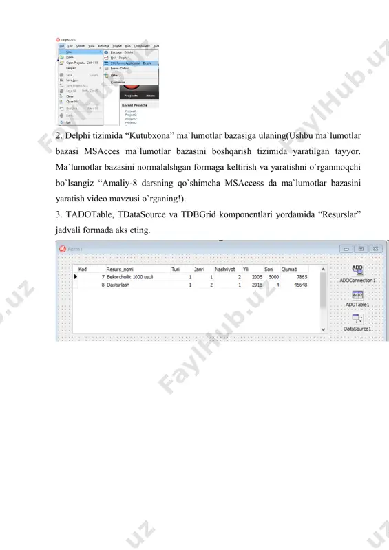 keltirilgan datasource komponenti nomini ro`yxatdan tanlash yetarli. keling endi mb ga ulanishni xulosalaydigan bo`lsak, bunda qanday komponentlardan foydalandik va ular qanday rol o`ynaydi: · tadoconnection – ma`lumotlar bazasi bilan ulanish. bu ulanishni keyinchalik adotable singari komponentlar ishlatishi mumkin; · tadotable – mb jadvallarini ochish uchun komponent; · tdatasource – bu komponent tadotable bilan ulanib, ma`lumotlarni oddiy komponentlarga aks etish uchun xizmat qiladi(misol: dbgrid komponentida aks etish). ishni bajarish tartibi: 1. delphi dasturini ishga tushiring va yangi loyiha oynasini yarating va darhol aloxida papkaga loyihani saqlang! 2. delphi tizimida “kutubxona” ma`lumotlar bazasiga ulaning(ushbu ma`lumotlar bazasi msacces ma`lumotlar bazasini boshqarish tizimida yaratilgan tayyor. ma`lumotlar bazasini normalalshgan formaga keltirish va yaratishni o`rganmoqchi bo`lsangiz “amaliy-8 darsning qo`shimcha msaccess da ma`lumotlar bazasini yaratish video mavzusi o`rganing!). 3. tadotable, tdatasource va tdbgrid komponentlari yordamida “resurslar” jadvali formada aks eting. image1.png image2.png