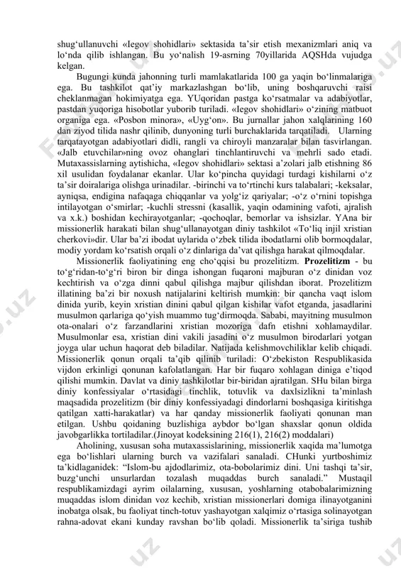 rlarni yuborish (tibbiy xizmatchi, o‘qituvchi-murabbiy); -missionerlik ruhidagi kutubxona, ingliz tili va kompyuter o‘rgatish xonalarini tashkil etish; -o‘z saflariga qo‘shilganlarni moddiy rag‘batlantirish, ularni xorijiy safarlarga yuborish va ish bilan ta’minlash. missionerlik harakatida yana bir holatini alohida ajratish lozim. bu ma’lum bir ijtimoiy qatlamni ajratib olish va bilan maqsadli ish olib borish. jumladan, yoshlar bilan ishlashning turli missiyalari mavjud bo‘lib, ulardan biri bolalar uchun xristian lagerlarini tashkil qilish. «xalqaro xristian lagerlari» assotsiatsiyasining 9 bugungi kunda 200 ga yaqin lagerlari mavjud. o‘zbekistonda ham ularning borligi 90-yillarda kuzatilgan. nukusda «emanuel» tashkiloti lager tashkil qilgan uchun yopilgan. (qozog‘istonda «niva» lageri («jatva» cherkoviga oie.da oxirgi 5 yil ichida 3000 ta bola dam olgan. ularning 80 % e’tiqod qilmaydiganlar oilasidan bo‘lgan. lager dasturiga ko‘ra, lager mavsumi tugashiga borib (15 kun ichida., dam oluvchilarning yarmi iso masihni tan olgan). missionerlikning bizning respublikaga xos bo‘lgan xususiyatlardan biri-bu xristian diniy tashkilotlarida o‘zbek va boshqa mahalliy tillarda diniy ibodatlar olib borishga …