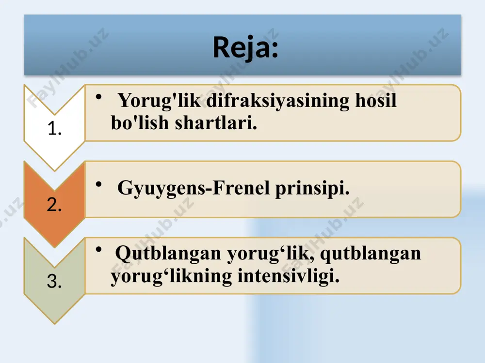 keyin o‘rnatilgan linzaning fokal tekisligiga joylashtirish kifoya. fraungofer difraksiyasi. har bir santimetrga 10,000 chiziqlardan yoki tirqishlardan iborat panjaralar keng tarqalgan bo‘lib, to‘lqin uzunliklarini aniq o‘lchash uchun juda xam foydalidir. tirqishlardan iborat diffraksiya panjarasi shaffof (o‘tkazuvchi) diffraksiya panjarasi deyiladi. diffraksiya panjarasining boshqa bir turi aks etuvchi diffraksiya panjarasi bo‘lib, metal yoki shishadan qilingan yuzada yuritilgan chiziqlar orqali nurning aks etishidan paydo bo‘ladi. yorug‘likning to‘lqin nazariyasidagi yozilgan yorug‘likning ikki muxim xususiyatlari bu: intensivlik (yoki yorqinlik) va rang. birlik yuzadagi birlik vaqtda o‘tgan energiya yorug‘lik intensivligi deb ataladi, va xar qanday to‘lqin kabi, to‘lqinning amplitudasi kvadrati bilan bog‘liq. rang yorug‘likning 𝔣 chastotasiga yeki yorug‘likning 𝜆 to‘lqin uzunligiga bogliq.bizning ko‘zlarimiz seza oladigan, ko‘rinadigan yorug‘lik chastotasi 4 x 1014 hzdan 7.5 x 1014 hz orasida bo‘ladi, havoda to‘lqin uzunliklari 400 nm dan 750 nm gacha bo‘ladi. bu ko‘zga ko‘rinadigan spektr deyiladi va rasmda ko‘rsatilganidek unda binafshadan tortib qizilgacha turli ranglar mavjud bo‘ladi. 10 to‘lqin uzunligi …