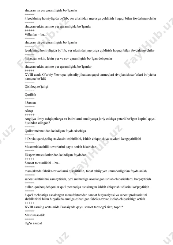 u? ===== # natural obrok ===== pullik obrok ===== qirolga oid soliq ===== tuzga solinadigan soliq +++++ senz bu ? ===== # pullik obrok ===== qirolga oid soliq ===== natural obrok ===== tuzga solinadigan soliq +++++ xviii asrda germaniya iqtisodiyotini kuchsizlanib borishining sabablari? ===== davlat qarzi, soliq stavkasini oshirilishi ===== # yirik jahon savdosi markazi pozitsiyasining yo‘qotilishi ===== xalq qo‘zg‘olonlari, ish tashlashlar ===== qo‘shni davlatlar bilan siyosiy kelishmovchiliklar +++++ quyidagilarning qaysi biri xvii asrda angliyada sanoat inqilobining natijasi hisoblanmaydi: ===== erga burjua mulkini o‘rnatildi ===== kapitalistik rivojlanish oldida turgan to‘siqlarni olib tashlandi ===== # almashlab ekishga o‘tish amalga oshirildi ===== milliy bozorni shakllanishini jadallashtirildi +++++ qaysi javobda xvii asrda angliyada ilmiy tadqiqot va ixtirolarni amaliyotga joriy etishga zarur mablag‘ topish manbasi noto‘g‘ri ko‘rsatilgan: ===== ishlab chiqarish va savdoni kengaytirilishi ===== davlat qarzi ===== soliq stavkasini oshirilishi ===== #)bank krediti +++++ xix asrda angliya sanoatida qaysi tarmoq asosiy rol o‘ynagan? ===== …