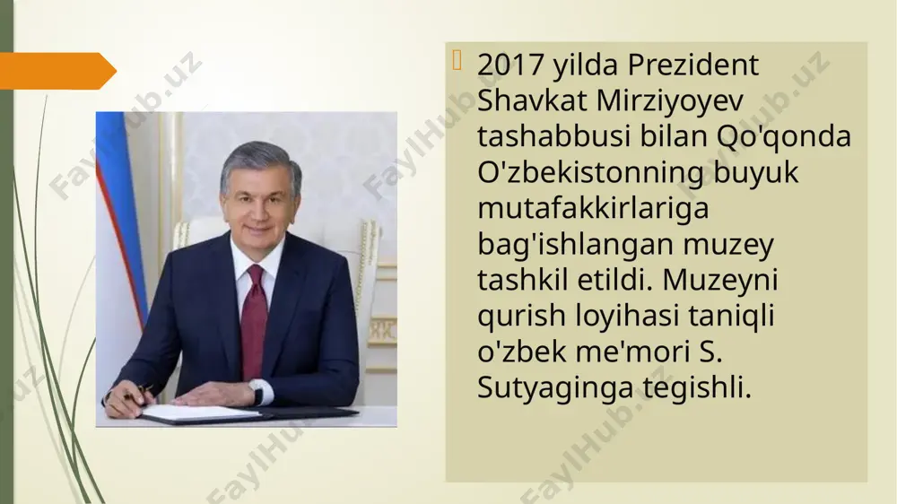ari haqida to’laqonli ma’lumot oladi. buyumlar, turli idishlar esa o’sha davr turmush tarzidan darak beradi muzey eksponatlari jami uch qavatda joylashgan bo’lib, xonalar va yo’lkalarga juda ham chiroyli bezak berilgan, zamonaviy va milliy uslublar uyg’unlikda ishlangan. muzeyda o’zbekiston hududida yashab o’tgan buyuk mutafakkirlar, jumladan, abu rayhon beruniy, mirzo ulug’bek, alisher navoiy, ibn sino, uvaysiy, nodira va boshqa bir qator boshqa allomalar asarlarining asl nushalari, qur’oni karim kitobi va undan ko’chirmalar, ayol va erkaklar liboslari, taqinchoq, zeb-ziynatlari, madrasa va masjidlar maketlari va boshqa osoriatiqalar o’rin olgan. muzey uch qavatdan iborat binoda joylashgan bo’lib, muzey ekspozitsiyasi 5 bo’limdan iborat. muzeyning birinchi qavatidagi ekspozitsiyalar markaziy osiyodagi qadimgi sivilizatsiya davrini o’z ichiga oladi va v asrdan ix asrgacha yashab ijod qilgan allomalarimizga tegishli bo’lgan buyumlar va asarlar saqlanadigan 1-zal, temuriylar davri zali 2-zal va qo’qon xonligida yashab ijod qilgan allomalar zalidan iborat. ekspozitsiyada muso al-xorazmiyning hayoti va ijodi haqida qisqacha ma’lumot va uning eng …