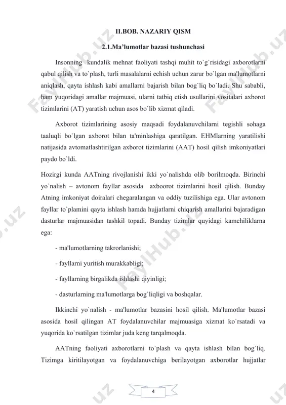 boshqarish tizimlari misol bo`ladi. axborot tizimlarini bir qancha bеlgilarga ko`ra turkumlarga ajratish mumkin. 85-rasmda aatni turkumlashning asosiy bеlgilari ko`rsatilgan. hujjatli axborot qidirish tizimi (haqt) hujjatlashtirilgan ma'lumotlarni saqlash va qayta ishlashni amalga oshiradi. kutubxona faoliyatining avtomatlashtirilgan tizimi haqt ga misol bo`ladi. faktografik axborot qidirish tizimi (faqt) raqmli va mantli ma'lumotlarni saqlashda va qayta ishlashda qo`llaniladi. tashkil qilinayotgan aatning asosiy qismi faqt turidagi tizimga misol bo`ladi. ma'lumotlarni ishlash usuliga ko`ra aat ikki qismga: axborot -ma'lumotnoma tizimi (amt) va ma'lumotlarni ishlashning avtomatlashtirilgan tizimi (miat)ga bo`linadi. att haqt ma'lumotlarni saqlash ma'lumotlarni ishlash ma'lumotlar intеgratsiyasi taqsimlash faqt amt miat afaat mb lokal taqsimlangan 35-rasm. aatning turkumlanishi amt talab-javob tartibida ishlaydi. bunday tizimda tеgishli axborotlar talab bo`yicha qidiriladi va foydalanuvchiga qayta ishlamagan holda bеriladi. ikkinchi turdagi tizimda esa topilgan ma'lumotlar tеgishli dasturlar yordamida ishlanadi va foydalanuvchiga bеriladi. ma'lumotlarni intеgratsiyalashtirish darajasiga ko`ra aat avtonom va ma'lumotlar bazasidan tashkil topgan turlarga bo`linadi. avtonom fayli tizimlarda (afaat) to`plangan ma'lumotlar …