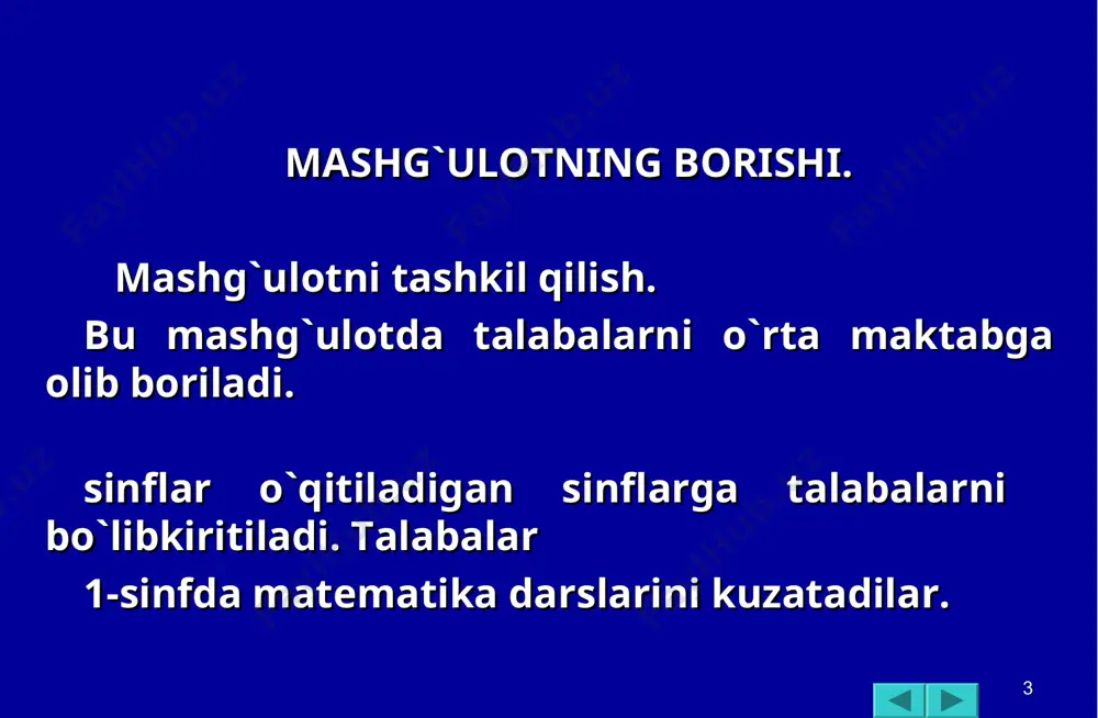 adigan mavzular soat muddati foydalanilgan adabiyotlar * sinf rahbarlik ish hujjatlari alohida yuritiladi. sinf rahbarining ish hujjatlari quyidagilardan iborat bo’ladi: 1. o’quvchilar haqida umumiy ma’lumot . 2. ota-onalari haqida umumiy ma’lumot 3. tarbiyaviy yillik ish reja. 4.tarbiyaviy soatlarning konspekti (dars ishlanmasi ) 5. sinf faollari haqida ma’lumot. 6. tarbiyasi og’ir bolalar bilan ishlash daftari. 7. sinf yig’ilishining qarorlari. 8. ota-onalar yig’ilishining qarorlari. 9. ota-onalar bilan aloqa daftarlari. 10. o’quvchilarning o’quv tabeli. * o’quvchilar haqida umumiy ma’lumot. № ismi, sharifi tug’ilgan yili jinsi. telefon raqami. yashash manzili. 1 ahmedova n 1998.07.16 qiz 24-15-17 farg’ona shahar,bobur ko’chasi 10-uy. 2 3 4 * ota-onalar haqida umumiy ma’lumot. № o’quvchilarning ismi, sharfi. ota—onasining ismi, sharfi.tug’ilganyili. ota-onasining ish joyi. kim bo’lib ish laydi. ish telefoni. 1. ahmedova nilufar. ahmedov sardor 1967.11.30 ahmedova nima.1971.07.12. bolalar shifoxonasi 10-maktab shifokor o’qituvchi 23-46-76 * tarbiyaviy ish reja oylar № qilinadigan ishlar mavzysi soati vaqti ix 1. 2. 3. mustaqillik …