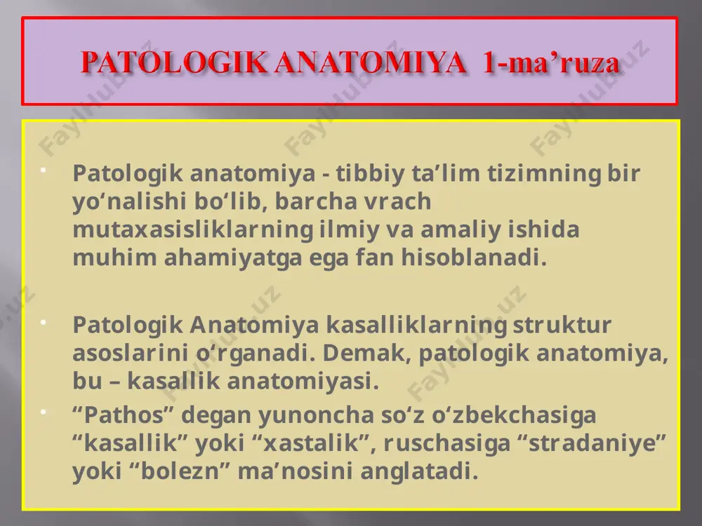 rasiya, ya’ni to‘qima va organlarning qayta tiklanishi – regenerasiyasining buzilishi jarayonlari; 6) o‘smalar. 1) alterasiya va distrofiya to‘qima va organlarning parenxima, hamda stroma-tomir tuzilmalarida rivojlanadigan birlamchi shikastlanish jarayonlari bo‘lib, ularning oqibatida destruksiya, nekroz, yallig‘lanish, immunopatologiya va disregenerasiya boshlanishi mumkin. 2) dissirkulyasiya, bu – qonning tarkibi, miqdori va sifati o‘zgarganda, qon oqimi tezligi buzilganda, hamda qon tomir devorining butinligi buzilishi oqibatida rivojlanadigan patologik jarayonlar hisoblanadi. 3) yallig‘lanish, bu – tashqi va ichki patologik omillarga nisbatan organizmning umumiy javob reaksiyasi bo‘lib, morfologik jihatdan shikastlangan organ va to‘qimada qon tomirlar va biriktiruvchi to‘qimaning o‘ziga xos o‘zgarishlari bilan nomoyon bo‘ladigan patologik jarayondir. 4) immunopatologiya, bu – organizmda autologik to‘qimalarning o‘z immun sistema effektorlari tomonidan shikastlanishi va allergiya, immun tanqisligi hamda autoimmun kasalliklar ko‘rinishidagi xastaliklari hisoblanadi. 5) disregenerasiya, bu – to‘qima va organlar qayta tiklanishining buzilishi bo‘lib, ish faoliyatining zo‘riqishida giperplaziya va gipertrofiya, bir hujayra yoki to‘qima o‘rniga boshqa hujayra va to‘qimaning paydo bshlishi - …