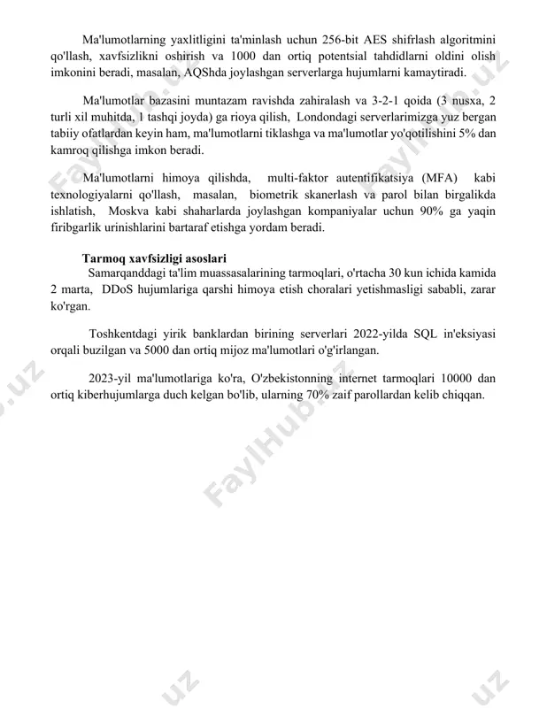 -yilda dunyo bo'yicha kriptografik hujumlar soni 15% ga oshgan bo'lib, bu esa yangi, rivojlangan shifrlash texnologiyalariga bo'lgan ehtiyojni ko'rsatadi. bu, ayniqsa, hindiston kabi rivojlanayotgan mamlakatlar uchun muhim ahamiyatga ega. ma'lumotlarni himoya qilish va yaxlitlik ma'lumotlarning yaxlitligini ta'minlash uchun 256-bit aes shifrlash algoritmini qo'llash, xavfsizlikni oshirish va 1000 dan ortiq potentsial tahdidlarni oldini olish imkonini beradi, masalan, aqshda joylashgan serverlarga hujumlarni kamaytiradi. ma'lumotlar bazasini muntazam ravishda zahiralash va 3-2-1 qoida (3 nusxa, 2 turli xil muhitda, 1 tashqi joyda) ga rioya qilish, londondagi serverlarimizga yuz bergan tabiiy ofatlardan keyin ham, ma'lumotlarni tiklashga va ma'lumotlar yo'qotilishini 5% dan kamroq qilishga imkon beradi. ma'lumotlarni himoya qilishda, multi-faktor autentifikatsiya (mfa) kabi texnologiyalarni qo'llash, masalan, biometrik skanerlash va parol bilan birgalikda ishlatish, moskva kabi shaharlarda joylashgan kompaniyalar uchun 90% ga yaqin firibgarlik urinishlarini bartaraf etishga yordam beradi. tarmoq xavfsizligi asoslari samarqanddagi ta'lim muassasalarining tarmoqlari, o'rtacha 30 kun ichida kamida 2 marta, ddos hujumlariga qarshi himoya …
