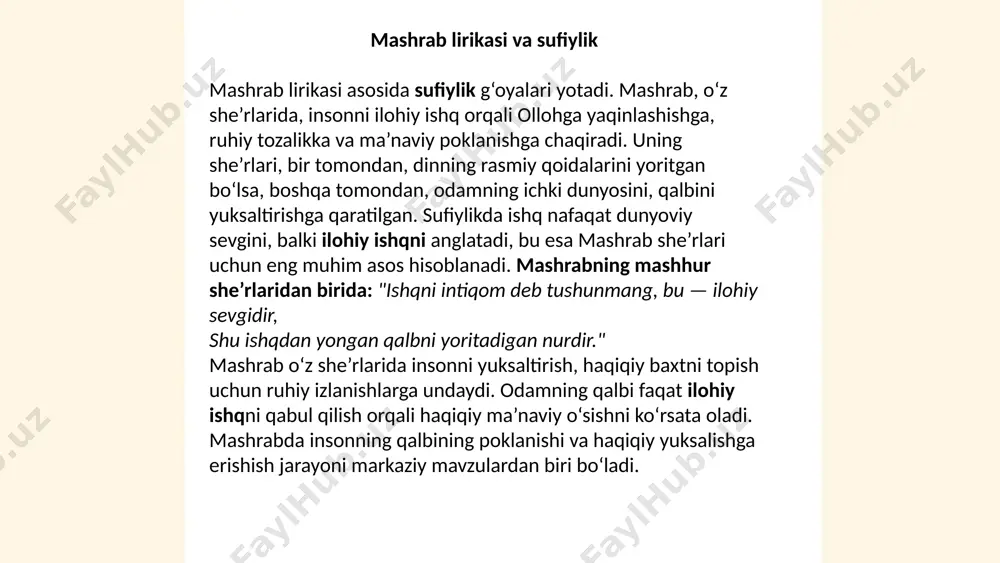 son ruhiyatining chuqur qatlamlariga ta’sir qilmoqda. ... t.me/slaydai_bot 7. mashrab lirikasi va uning mavzulari ilohiy ishq: mashrab lirikasi o‘zining ilohiy ishqga bo‘lgan kuchli e'tiborini ko‘rsatadi. uning she’rlari orqali inson, ollohning sevgisini anglash va unga yaqinlashish istagini ifodalaydi. mashrabning ko‘plab she’rlarida ishq, boshqa barcha his-tuyg‘ulardan ustun turadi. u bu ishqni odamning qalbini poklash va ma’naviy yuksalishga erishish yo‘li deb biladi. ma’naviy yuksalish: mashrabning she’rlari insonni ruhiy o‘sishga, qalbni tozalashga chaqiradi. u insonni faqat tashqi dunyo bilan bog‘liq masalalar bilan shug‘ullanishdan chetlashib, ichki dunyosini anglashga, haqiqatni izlashga undaydi. mashrab uchun, haqiqiy baxtni va tinchlikni faqat ma’naviy tozalikka erishgan inson topadi. diniy e’tiqod va tavhid: mashrabning asarlari, tasavvuf falsafasi bilan uyg‘unlashgan holda, diniy ma’rifatni ta’lim etadi. u insonni ollohning yagona ekanligiga ishonishga va uni qalban tan olishga chaqiradi. mashrabning lirikasi orqali odamlar hayotning asl maqsadini, yuksalish va ruhi poklanishni izlashadi. jamiyatdagi adolatsizlik va axloqiy tanqid: mashrab nafaqat ichki dunyo, balki ijtimoiy holatlarni ham …