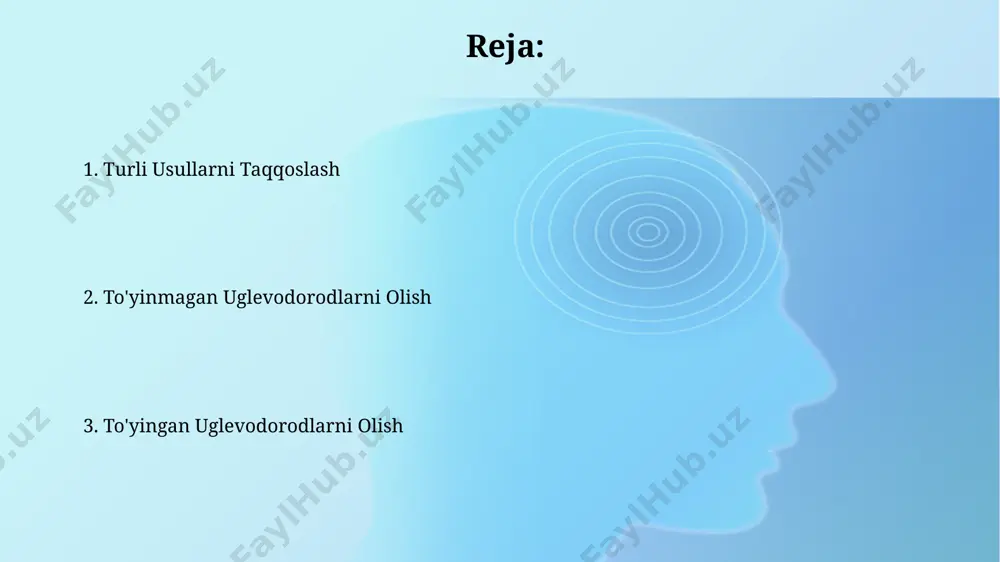 ormetan (ch3cl) kabi halogenli hosilalarni olish mumkin, bu reaksiya quyosh nuri ta'sirida boradi. alkenlarni vodorodlash orqali, masalan, 1-butenni platina katalizatori ishtirokida vodorod bilan reaksiyaga kirishib, to'yingan uglevodorod butanni 25-30°c haroratda olish mumkin. e'tiboringiz uchun rahmat @taqdimot_robot image2.jpg image3.jpg image4.jpg image5.jpg image6.jpg image1.png