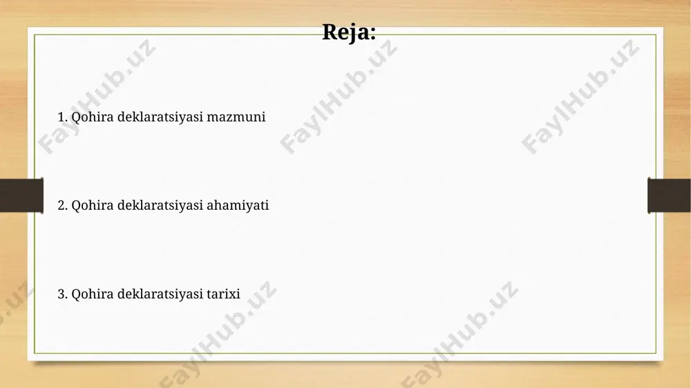 yaqin sharq siyosatiga qarshilik ko'rsatishda milliy ozodlik harakatlariga g'oyaviy va siyosiy qo'llab-quvvatlashni ta'minladi, shu bilan global geosiyosiy muvozanatga ta'sir ko'rsatdi. deklaratsiyaning asosiy maqsadlari qo'qon deklaratsiyasining asosiy maqsadlaridan biri 1917 yildagi oktyabr inqilobidan keyingi vaziyatda milliy muxtoriyatni ta'minlash va rossiya federatsiyasi tarkibida mustaqil davlat sifatida yashash edi. qo'qon deklaratsiyasida er va suv resurslaridan adolatli foydalanish, xususan, 3 ta yirik viloyatdagi dehqonlar huquqlarini himoya qilish masalasi muhim o'rin tutadi. deklaratsiyaning tanqidchilari va muhokamalari deklaratsiya matnining noaniqligi va ba’zi moddalarining qarama-qarshi talqiniga imkon berishi, huquqiy ekspertlar tomonidan 15 ga yaqin jiddiy kamchilik sifatida ko'rilgan. qohira deklaratsiyasining 1990-yillardagi ijtimoiy-siyosiy kontekstini inobatga olmaguncha, uning ba’zi qoidalariga nisbatan 20 dan ortiq mamlakat tanqid bildirgan. e'tiboringiz uchun rahmat @taqdimot_robot image7.jpg image8.jpg image9.jpg image10.jpg image11.jpg image12.jpg image13.jpg image3.png image4.png