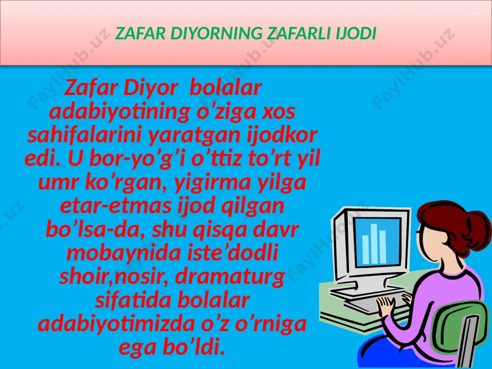 kuylaydi, bog' aylanib qushchalar. darak berib bahordan, quvontirding shunchalar. binafshaxon, binafsha kulishlaring chiroyli. ko'ksimizda hid sochib turishlaring chiroyli! binafsha binafshaxon, binafsha kulishlaring chiroyli: bog'imizda ochilib turishlaring chiroyli. hamma chiqar dalaga binafshalar tergali, men ham terdim bir dasta opamizga bergali. — mana, opa, binafsha, qarang, qanday chiroyli. — yuring, — dedi opamiz, — binafshalar teraylik. binafshalar ochildi chakkangga taq, chakkangga: 7 kapalak hoy, kapalak, kapalak, qanotlaring ipakdak. muncha shoshib uchasan, to'xta, so'zlayin andak. uchrataman har kuni seni har kun bog'chamda, so'rib gullar sharbatin o'ltirasan olchamda. borib ushlay deganda shoshib darhol uchasan. sira tutqich bermasdan guldan gulga ko'chasan. mendan aslo qochmagin, do'st bilaman o'zimga. pildir-pildir uchishing, oh, yoqadi ko'zimga. to‘pim, to‘p-to‘p etasan, ursam uchib ketasan. havolanib nariga — do‘stlarimga yetasan. o‘ynatasan ko‘zimni hovliqtirib o‘zimni. biroz ko‘proq o‘ynasam, terlatasan yuzimni. senga sira to‘ymayman, bo‘sh ekanman qo‘ymayman. ovunchog‘im, — deb seni do‘stlarim-la o‘ynayman. to‘pim, to‘p-to‘p etasan. ursam uchib ketasan. handalakdek yumalab bizni xursand etasan. …