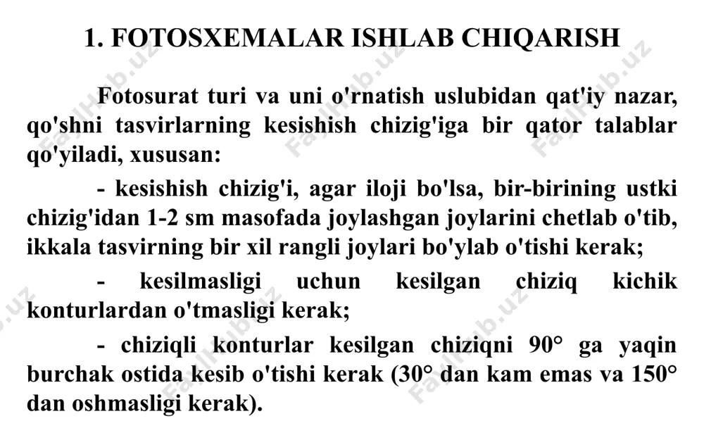 ing sifatini baholash uchun saqlanadi. suratlarning kesilgan ish joylari o'rta marshrutning o'rta aerosyomkasidan boshlab tayanchga yopishtiriladi. berilgan fotografik sxemalar ko'p marshrutli fotografik sxemalar bilan bir xil tartibda joylashtirilgan, biroq ularni ma'lum bir masshtabga etkazish uchun ularni kattalashtirishdan oldin har bir tasvirning kattalashtirish koeffitsienti mi tasviri shkalasi maxrajining berilgan m shkalasi denominatoriga nisbati sifatida aniqlanadi. rasm shkalasi 1/mi=f/hi formulasi yordamida gps qabul qilgich yoki radio altimetr o'qishidan aniqlanishi mumkin. bortda o'qishlar bo'lmaganda, tasvirlar ko'lami topografik xaritadan lsm rasmda o'lchangan uzunliklarga mos keladigan bo'laklarning uzunligini solishtirib aniqlanadi. 1-o'lchovli xaritani hisobga olgan holda: mk tasvir shkalasi 1:m fotosuratlar sxemasining o'lchovi ko'pincha topografik xaritalar uchun qabul qilingan standart qiymatlarga muvofiq tanlanadi: 1: 5000, 1: 10000, 1: 25000 va boshqalar. shuni yodda tutish kerakki, tekis yerlarning rejali tasvirlaridan tashkil topgan fotografik sxemalar (ayniqsa, berilgan fotografik sxemalar) doimiy shkalada va kichik buzilishlar bilan ajralib turadi. shunday qilib, taxminan 10ʹ ga teng tekislikdagi girob stabilizatsiyalangan tasvirlarning o'rtacha …