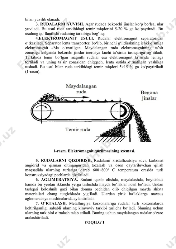 mperatura ta’siriga bardosh beradigan, ishqalanishga yaxshi qarshilik ko’rsatadigan, ximiyaviy tarkibiga qaraganda o’tga chidamli materiallar kislotaviy, yarim kislotaviy, asosiy va neytral materiallarga bo’linadi. rudalarni suyuqlantirishga tayyorlash asosan quyidagi operatsiyalardan iborat: 1.maydalash. yirik zich rudalarda temirni qaytarilishi sust o‘tadi, natijada yuqori temperaturali qismda ular shlakga aylanib, pechning ish unumdorligiga zarar yetkazadi. undan tashqari mayda rudalarni pechga kiritilishi ularni bir qismini koloshnik gazi bilan chiqib ketishiga, qolgan qismi esa shixta materialidagi g‘ovaklarni to‘ldirib, pechni ish unumdorligini pasayishiga olib keladi. shu tufayli rudaning yirik bo‘laklari maydalanib, ma’lum o‘lchamga keltiriladi. 2.g‘alvirdan o‘tkazish. maydalangan rudalar g‘alvirdan o‘tkazilib, ma’lum o‘lchamli bo‘laklarga ajratiladi va bunda bekorchi jinslardan ham bir oz tozalanadi. g‘alvirdan o‘tkazishda, ko‘pincha, 45÷50o qiya o‘rnatilgan kolosnikli g‘alvirdan foydalaniladi. unga tashlangan rudalar yumalab, maydalari kolosnik ko‘zlaridan o‘tib ketadi. yuvilish kerak bo‘lgan rudalar uchun baraban ko‘rinishidagi elaklardan foydalaniladi. bunday elaklar mayda teshikli bo‘sh silindrdan iborat bo‘lib, silindr aylantirilganda unga tashlangan ruda suv oqimi bilan yuvilib elanadi. 3. rudalarni …