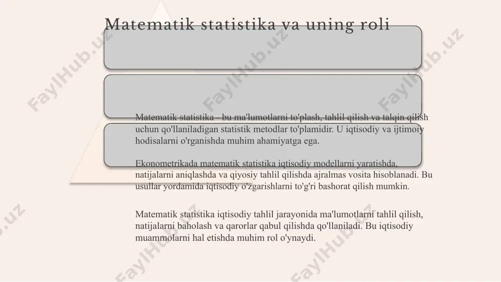 atni yanada samarali va aniq boshqarishga yordam beradi. ehtimollar nazariyasi va iqtisodiy modellar ehtimollar nazariyasining asosiy tushunchalari iqtisodiy modellarni yaratishda muhim ahamiyatga ega. iqtisodiy prognozlashda ehtimollar nazariyasi statistik tahlil va model yaratishda qo'llaniladi. amaliy misollar orqali ehtimollar nazariyasining iqtisodiy modellarni shakllantirishdagi roli ko'rsatiladi. ekonometrik tahlil va statistika ekonometrik tahlilning statistik asoslari iqtisodiy ma'lumotlarni to'g'ri tahlil qilishda muhimdir. statistik metodlar yordamida iqtisodiy jarayonlarni yaxshiroq tushunish va iqtisodiy qarorlar qabul qilishda qo'llaniladi. statistika va ekonometrik modellar o'rtasidagi bog'liqlik, statistik metodlar orqali iqtisodiy jarayonlarni model qilishga asoslanadi. masalan, regressiya tahlili iqtisodiy o'zgaruvchilar o'rtasidagi munosabatlarni aniqlashda muhim rol o'ynaydi. ekonometrik tahlil uchun aniq statistik ma'lumotlar zarur. ular iqtisodiy modellarning ishonchliligini oshirish va to'g'ri natijalarga erishishda yordam beradi. ma'lumotlar sifatini ta'minlash iqtisodiy tahlilning muvaffaqiyatida kalitdir. statistika orqali ekonometrik tahlilni rivojlantirish statistik metodlarning qo'llanishini kuchaytiradi. bu, nafaqat model yaratishda, balki iqtisodiy qarorlarni qabul qilishda ham muhimdir. natijalar asosida strategiyalar ishlab chiqish mumkin. matematik statistika va ehtimollar …