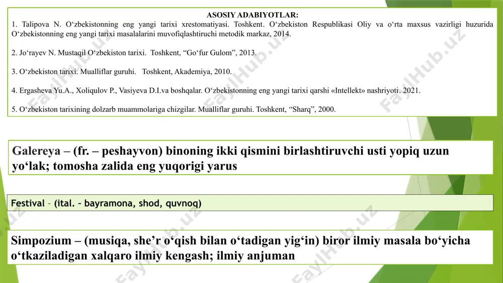ludining 660 yilligi ham keng miqyosda nishonlandi. islom karimov «1996-yilni amir temur yili» deb atash to‘g‘risida farmon qabul qildi 1993-yil toshkentda, 1996-yil samarqand va shahrisabzda amir temur haykali ochildi. shu yili samarqand va shahrisabz shaharlari «amir temur» ordeni bilan mukofotlandi toshkentda bobokaloni-mizning dunyoviy sha’ni va shavkatiga mos keladigan amir temur va temuriylar davri tarixi muzeyi qurildi 1998-yil oktabrda esa farg‘onada ahmad al-farg‘oniy tavalludining 1200 yilligi keng nishonlandi imom ismoil buxoriy, imom abu iso termiziyning 1200 yilligi keng nishonlandi mahmud zamaxshariyning 920 yilligi, najmiddin kubroning 850 yilligi, bahouddin naqshbandiyning 675 yilligi, xoja ahror valiyning 600 yilligi keng nishonlandi 1992-yil sharof rashidov tavalludining 75 yilligi keng nishonlandi 2016- yil prezident shavkat mirziyoyev tashabbusi bilan jizzax tumaniga sharof rashidov nomi berildi o‘zbekiston prezidentining 2017-yil 27-martdagi «atoqli davlat arbobi va yozuvchi sharof rashidov tavalludining 100 yilligini nishonlash to‘g‘risida»gi qarori asosida 2017-yil 6-noyabr – sharof rashidov tug‘ilgan kuni jizzaxda tantanali tadbirlar bo‘lib o‘tdi 2017-yilning o‘zida …