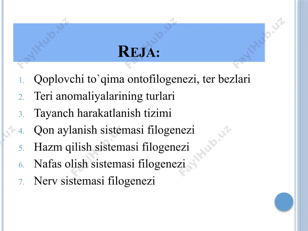 ikki embrional varaqdan ekto va mezodermadan rivojlanadi. ektodermadan epidermis, mezodermadan derma taraqqiy etadi. bosh skeletsizlarda terini shu ikki qavati kuchsiz darajada differentsiatsiyalangan bo‘ladi. epidermis - bir qavatli silindrsimon, bir qavatli shilimshiq bezlar ushlaydi. derma - g‘ovaksimon, biriktiruvchi to‘qima hujayralaridan iborat. lansetnikning teri qoplami juda nozik bo‘lib, uni tashkil etuvchi epiteliy bir qavat silindirsimon hujayralardan tuzilgan, uning tarkibida ayrim bez hujayralari ham uchrab turadi. chin teri yupga qo‘shuvchi to‘qimadan iborat. togʻayli baliqlarda tangachalari plakoidli deb nomlanadi. u tishsimon oʻsimta shaklida boʻlib, usti emal bilan qoplangan dentindan tashkil topgan. dentin mezodermadan rivojlanib, u tashqariga so’rg‘ich shaklida o‘sib chiqayotgan biriktiruvchi to‘qimali hujayralar faoliyati tufayli hosil bo‘ladi. plakoidli tangachalar shakllanishi: 1— emal hosil qiluvchi hujayralar; 2 — epidermis; 3 — emal; 4 — skleroblastlar - dentin hosil qiluvchilar; 5 — dentin; 6 — derma so‘rg‘ichlari. suyakli baliqlarda esa tangachalar suyakli plastinkalar koʻrinishida boʻlib, yupqa epidermis bilan qoplangan, tangacha to‘liq derma hisobiga rivojlanadi, lekin kelib …