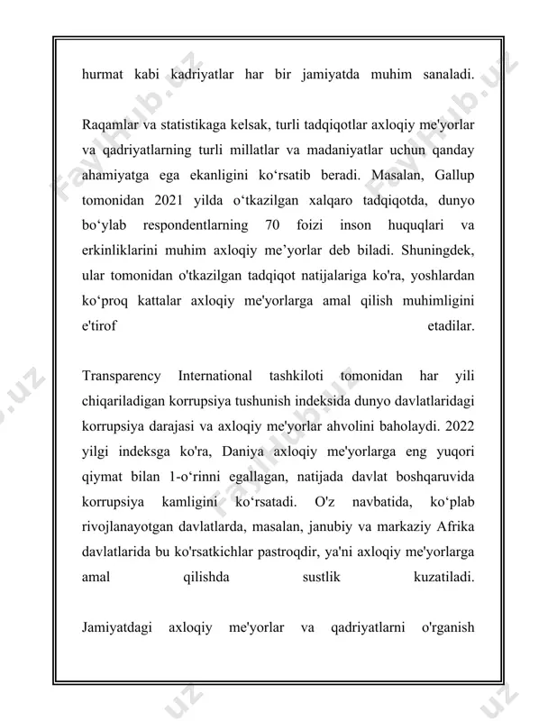 at biznes va boshqaruvda asosiy o'rin tutishi kerak. shu bilan birga, 60% respondentlar o'z davlatlarida axloqiy javobgarlikka aloqador qonunlar va qoidalarning kuchaytirilishini talab qilmoqda. ayrim davlatlarda, masalan kanadada, axloqiy mas'uliyat maktab va oliy ta'lim tizimiga kiritilgan, va bu orqali yoshlarga jamiyat oldida axloqiy mas'uliyat hissi tarbiyalanmoqda. xuddi shunday, skandinav davlatlarida axloqiy javobgarlikni oshirish uchun jamoat dasturlari tashkil etilgan. korxonalarda axloqiy mas'uliyat va javobgarlikni osongina kuzatish mumkin. kompaniyalar o'z mahsulotlarini yoki xizmatlarini yaratishda ekologik mas'uliyatni inobatga olishadi — masalan, 2022 yilda global miqyosda olib borilgan tadqiqotda, eng katta kompaniyalarining 65% ekologik barqarorlikni o'z asosiy strategiyasiga kiritganligi ma'lum bo'ldi. bu kompaniyalar o'z harakatlari natijasida atrof-muhitga yetkazilayotgan zararlarni kamaytirishga e'tibor qaratadi. shaxsiy axloqiy javobgarlik ham katta e'tiborni talab qiladi. bu insonlarning o'zlarining harakatlari uchun hisob berishi va bu harakatlar jamiyat va o'zlari uchun qanday oqibatlarga olib kelishini anglash orqali oshiriladi. masalan, ma'lumotlarga ko'ra, shaxsiy axloqiy javobgarlikni oshirish maqsadida ko'plab davlatlarda aniq qonunchilik va …