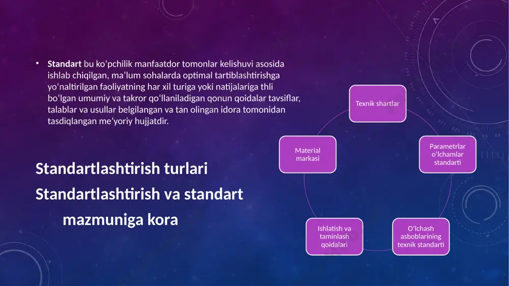 safarbarlik tayyorgarligini ta’minlash, mudofaa ahamiyatiga molik mahsulotlar sohasida - o’zbekiston respublikasi mudofaa vazirligi amalga oshiradi. o‘zbekiston texnik jihatdan tartibga solish agentligi ushbu qonunga muvofiq standartlashtirish ishlarini o‘tkazishning umumiy qoidalarini, manfaatdor tomonlarning davlat boshqaruv organlari, jamoat birlashmalari bilan olib boradigan hamkorlikdagi ishining shakl va usullarini belgilaydi. ushbu qonunga muvofiq davlat boshqaruvi organlari o‘z vakolatlari doirasida standartlarni ishlab chiqadi, tasdiqlaydi va nashr etadi. o’zbekiston respublikasida standartlashtirishga doir quyidagi toifadagi normativ hujjatlar qo‘llaniladi: xalqaro (davlatlararo, mintaqaviy) standartlar; o’zbekiston respublikasining davlat standartlari; tashkilotning standartlari; xorijiy mamlakatlarning milliy standartlari. davlat yagona uzluksiz ta’lim tizimida o’zbekiston respublikasi vazirlar mahkamasi tomonidan tasdiqlanadigan davlat ta’lim standartlari ishlab chiqiladi. standartlashtirishga doir normativ hujjatlar jumlasiga, shuningdek standartlashtirish qoidalari, normalari, texnik-iqtisodiy axborot klassifikatorlari ham kiradi. mazkur hujjatlarni ishlab chiqish va qo‘llash tartibi o‘zbekiston texnik jihatdan tartibga solish agentligi tomonidan belgilanadi. xalqaro (davlatlararo, mintaqaviy) standartlar va xorijiy mamlakatlarning milliy standartlari, shuningdek xalqaro qoidalar va normalar o‘zbekiston respublikasi ishtirok etgan shartnoma yoki bitimlarga …