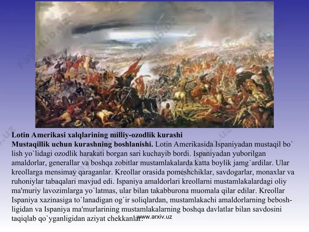 tayandi. www.arxiv.uz www.arxiv.uz meksikada mustaqillik urushi. 1810- yilda mustamlakalarda ommaviy qo`zg`olon boshlandi. amerika xalqlari o`zining ozodlik kurashida ko`pgina ajoyib vatanparvarlarni yetishtirib berdi. meksika xalqi ozodlik kurashining shonli qahramonlari, eng kambag`al dehqonlar qo`zg`olonlarining yo`lboshchilari migel idalgo va xose morelosning nomlarini hozir ham hurmat bilan eslaydi. qishloq ruhoniysi idalgoni mahalliy aholi, ayniqsa, hindular sevar edi. u hindularning tillarini bilardi. 1810-yilda idalgo dehqonlarning eng kambag`al tabaqalariga mansub bo`lgan hindular bilan mulatlarni mustaqillik uchun kurashga va o`zlaridan tortib olingan yerlarni qaytarib olishga chaqirdi. qo`zg`olon ko`targan hindular va mulatlardan butun bir qo`shin tuzildi. idalgo quldorlarga o`zlarining hamma qullarini o`n kunlik muddatda ozod qilib yuborishni buyurdi va hindu jamoalari mustamlakachi ma'murlarga to`lab kelgan o`lponni bekor qildi. biroq ispaniya qo`shini qo`zg`olonchilarni qirib tashladi. asir olingan idalgo 1811- yilda otib o`ldirildi. uning kallasi temir qafasga solinib, hammaga ko`rinadigan joyga osib qo`yildi. idalgoning eng yaqin safdoshi morelos uning ishini davom ettirdi. biroq ispaniyaning muntazam qo`shini bu safar ham qo`zg`olonchilarni …