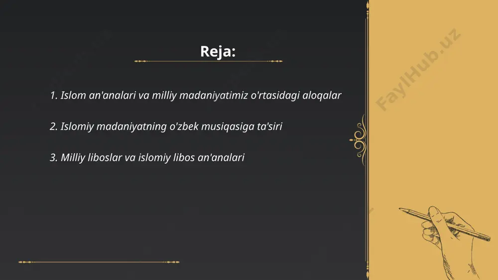hopon va do‘ppilar bor. ayollar orasida kiyiladigan islomiy liboslar hijob, ro‘mol va uzun ko‘ylaklarni o‘z ichiga oladi. erkaklar esa doimiy ravishda o‘zbek telpaklari, uzun ko'ylaklar yoki somoniy qiyofa kiyimlarini kiyishadi. an'anaga ko'ra, liboslar turli yoshdagi va turli mavqega ega insonlar tomonidan turlicha kiyiladi, jumladan turmushga chiqqan ayollar va bo'ydoq qizlar kollektivaning turli davrlarida xilma-xil liboslar kiyishadi. ... t.me/slaydai_bot o'zbek me'morchiligida islomiy uslublar ix asrdan boshlab rivojlangan. movarounnahr va xorazm hududida joylashgan me'morchilik namunalari bunga yorqin misoldir. masalan, samarqanddagi mashhur registon maydoni islomiy me'morlikni aks ettiruvchi yirik ansambldir. shuningdek, buxorodagi ismoil somoniy maqbarasi ix asr o'rtalarida qurilgan bo'lib, islomiy uslublarni o'zida mujassam etadi. toshkentdagi baroqxon madrasasi ham xvi asrda bunyod etilgan va islomiy bezaklar bilan ziynatlangan. me'morchilikda turli xil geometrik naqshlar, arabeska va kufiy yozuvlar keng qo'llaniladi. ushbu uslublar o'rta osiyodagi boshqa musulmon mamlakatlari me'morchiligiga ham ta'sir ko'rsatgan. ... t.me/slaydai_bot islomiy qadriyatlar oila va jamiyatda katta ahamiyatga ega. oila darajasida bu …