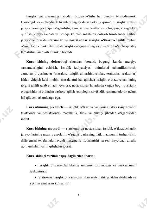 ahlil qilishdan iborat. kurs ishidagi vazifalar quyidagilardan iborat: · issiqlik o‘tkazuvchanlikning umumiy tushunchasi va mexanizmini tushuntirish; · statsionar issiqlik o‘tkazuvchanlikni matematik jihatdan ifodalash va yechim usullarini ko‘rsatish; · nostatsionar issiqlik o‘tkazuvchanlikning fizik mohiyatini ochib berish va vaqtga bog‘liq yechimlarni tahlil qilish; · har ikkala holatni solishtirish va real tizimlarda qo‘llashga oid misollarni keltirish; · issiqlik o‘tkazuvchanlik jarayonlarini modellashtirish va grafik tahlil qilish. ushbu mavzu, o‘zining nazariy va amaliy ahamiyati bilan, zamonaviy muhandislikda issiqlik almashinuv jarayonlarini chuqur tahlil qilish va energiya tejovchi texnologiyalarni yaratish uchun asosiy poydevor bo‘lib xizmat qiladi. kurs ishining tuzilishi. ushbu kurs ishi loyihasi kirish qism, asosiy qism, xulosa va foydalanilgan adabiyotlar hamda ikki bob, to’rt bo’limdan iborat bo’lib umumiy hajmi 27 saxifadan tashkil topgan. i bob. issiqlik o‘tkazuvchanlik jarayonining nazariy asoslari. 1.1. issiqlik almashinish turlari: o‘tkazuvchanlik, konveksiya va nurlanish. van-der-vaals tenglamasi ( yoki van-der-vaals izotermasi ) van-der-vaals gaz modelidagi asosiy termodinamik miqdorlarni o'zaro bogʻlovchi tenglamadir . bu …
