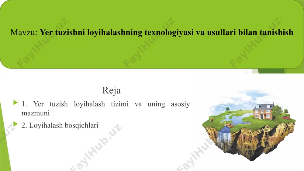 ali yo’llarini aniqlaydi. u tuman agrosanoat majmuasi va boshqa tarmoqlarini, yer egaliklari va yerdan foydalanuvchilar tizimini rivojlanishtirishning asosiy yo’llarini ko’rsatib beradi. tuman yer tuzish chizmasida quyidagi masalalar o’z yechimini topadi: — kelajakda tuman xo’jaligi tarmoqlarining rivojlanishini hisobga olgan holda, ularning yer resurslariga bo’lgan talablarini asoslash; — qishloq xo’jaligida va boshqa tarmoqlarda foydalanish uchun yaroqli yerlarni aniqlash va ularni o’zlashtirish navbatlarini belgilash; — yerlarni tarmoqlar orasida taqsimlash, yer egaliklari va yerdan foydalanish tizimini takomillashtirish va ular yerlaridagi kamchiliklarni tugatish; — yer resurslaridan intensiv foydalanish va qishloq xo’jalik yerlari unumdorligini oshirish yo’llarini belgilash; — xo’jalik markazlari, ishlab chiqarish va ijtimoiy infratizimlari tarmoqlarining kelajakdagi rivojlanishini va hududiy joylashuvini aniqlash; — qishloq xo’jalik mahsulotlarini ishlab chiqarishni ko’paytirish bo’yicha takliflar tayyorlash; — yerni va tabiatni muhofaza qilish bo’yicha tadbirlar ishlab chiqish; — belgilangan tadbirlarni amalga oshirish uchun zarur kapital mablag’lar, moddiy va mehnat resurslari miqdorini aniqlash va ularning iqtisodiy samaradorligini baholash. yer tuzish tizimi oldida …