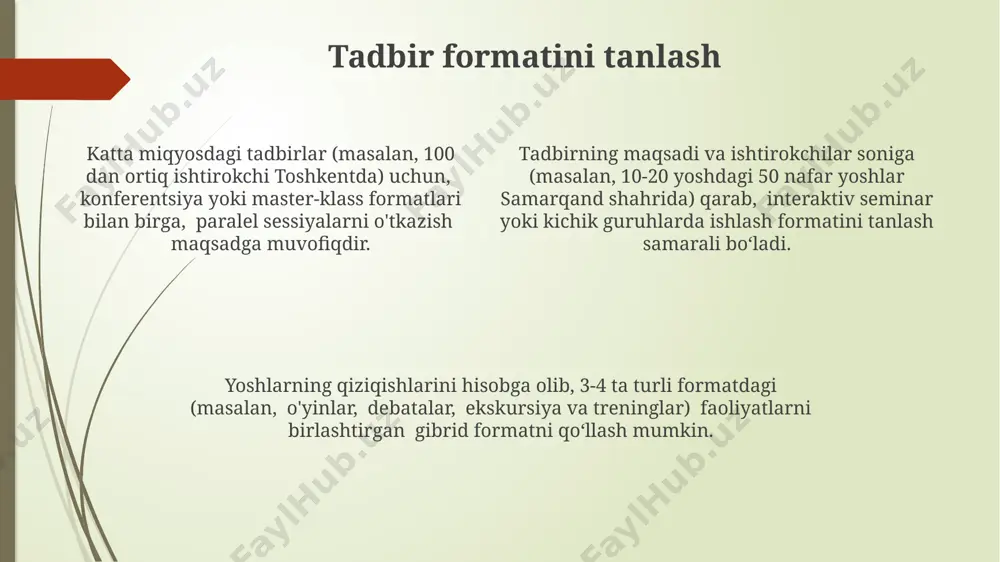 okchilarning faolligi darajasi 80% ga yetgan holda, "brainstorming" usulining samaradorligi isbotlandi. yoshlar bilan oʻtkaziladigan tadbirlarni rejalashtirishda, 5 bosqichli jarayonni qoʻllash va har bir bosqich uchun aniq vazifalarni belgilash, loyiha muvaffaqiyatini 70% ga oshiradi. jamoa tuzish va vazifalarni taqsimlash "brainstorming" usuli yordamida 10 tadan ortiq g'oyalarni to'plash va ularni ahamiyat darajasiga qarab 3 ta asosiy yo'nalishga ajratish, namangan viloyatida o'tkazilgan yoshlar forumidan olingan ma'lumotlarga ko'ra, juda samarali. samarqanddagi 15 nafar yoshlar guruhiga vazifalarni 5 ta kichik guruhga bo‘lib, har bir guruhga 3 tadan aniq vazifa yuklash samaradorlikni oshiradi. loyihani muvaffaqiyatli amalga oshirish uchun 20% vaqtni rejalashtirishga, 60% ni amalga oshirishga, 20% ni esa baholash va takomillashtirishga ajratish tavsiya etiladi. toshkentda o'tkazilgan tadbirlar tajribasidan foydalanish mumkin. reklamani va targ'ibotni tashkil etish toshkent shahrida o‘tkazilgan 100 nafar ishtirokchiga mo‘ljallangan kontsert dasturi uchun 3000 ta reklama varaqalari tarqatildi va shu orqali 85% tashrif buyurish ko‘rsatkichiga erishildi. yosh ijodkorlarning 15 yoshdan 25 yoshgacha bo‘lgan guruhi …