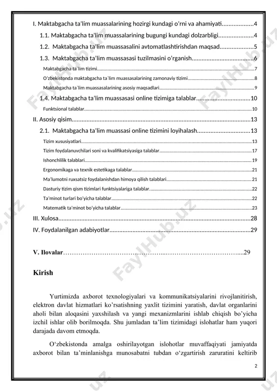 ishlab chiqish bo’yicha izchil ishlar olib borilmoqda. shu jumladan ta’lim tizimidagi islohatlar ham yuqori darajada davom etmoqda. o‘zbekistonda amalga oshirilayotgan islohotlar muvaffaqiyati jamiyatda axborot bilan ta’minlanishga munosabatni tubdan o‘zgartirish zaruratini keltirib chiqarganligi sababli, hozirgi kunda zamonaviy kompyuter va telekommunikatsiya tizimlari hamda texnologiyalarini barcha sohalarda qo‘llash va yanada rivojlantirishga g’oyat muhim e’tibor qaratilmoqda. yurtimizda olib borilayotgan islohatlarni zamirida axborot texnologiyalarini o’rni benihoya katta. barchaga ma’lumki bugungi juda tez suratlarda taraqqiy etayotgan hayotni, texnika-texnologiya, axborot kommunikatsiya texnologiyalari, telefon, internet, kompyuterlarsiz tasavvur qilishning imkoni yo’q. bu texnologiyalar bizning kundalik yumushlarimizni shu qadar yenglillashtirganki, endilikda bulardan voz kechishning emas, balki uzoqlashishning ham imkoni mavjud emas. bugungi kunda kompyuter va axborot texnologiyalari, telekommunikatsiyalar tarmoqlarini, ma’lumotlar uzatishni, internet xizmatlariga kirib borishni rivojlantirish va zamonaviylashtirish respublikamizda ustuvor o‘rinlarga chiqmoqda. o'zbekiston respublikasi mustaqillik odimlarini dadil qo'yayotgan hozirgi davrda, axborotlashgan jamiyat qurish masalasi mamlakatimiz uchun naqadar katta ahamiyat kasb etayotgani hech kimga sir emas. respublikamizda jamiyatimizni axborotlashtirish maqsadida bir …