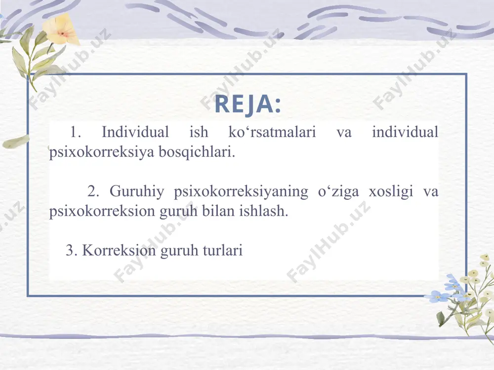 ixologik treningning afzalliklari quyidagilarni tashkil qiladi: лекции 1. guruhda insonni kerakli tarzda o‘z xulq-atvorini o'zgartirishga majbur qiladigan qo‘shimcha stimullar ta’sir qiladi. 2. guruhda inson o‘zini psixologik himoyalangandek his qiladi. chunki odatda guruh bilan ishlashda insoniy munosabatlarning ijobiy muhiti yaratiladi. 3.guruh insonga yanada chuqurroq ochilishga yordam beradi va bu esa unga yengillashish hissini beradi. 4. guruh individda shaxslararo xulq-atvorning yangi adaptiv shakllarini paydo qiladi. 5. guruh o‘z-o‘zini tushunishga ko‘proq yordam beradi, chunki mijoz o‘zini boshqalar bilan qiyoslab ko‘radi. 2.guruhiy psixokorreksiyaning o‘ziga xosligi va psixokorreksion guruh bilan ishlash treningda qo‘llanilgan metodlarning asosiy vazifalari quyidagilar bilan izohlanadi: ▲ o‘quvchilarni o‘z hissiyot va emotsional reaksiyalarini boshqara olishga o‘rgatish; ▲ shaxslararo munosabatlar jarayonida namoyon bo‘ladigan muloqot ko‘nikmalari va malakalarini hosil qilish; ▲ shaxsning ijtimoiy-psixologikbilimdonligini kuchaytirish; ▲ samarali muloqotda namr yon bo‘ladigan zarur sifatlar, ijtimoiy ustanovkalarni shakllantirish, noadekvat jihatlami korreksiya qilish; ▲ o‘z-o‘zini to‘laroq anglash, bilish hamda o‘zgalarga nisbatan to‘g‘ri munosabatlarni shakllantirish qobiliyatini o‘stirish; ▲ umuman, …
